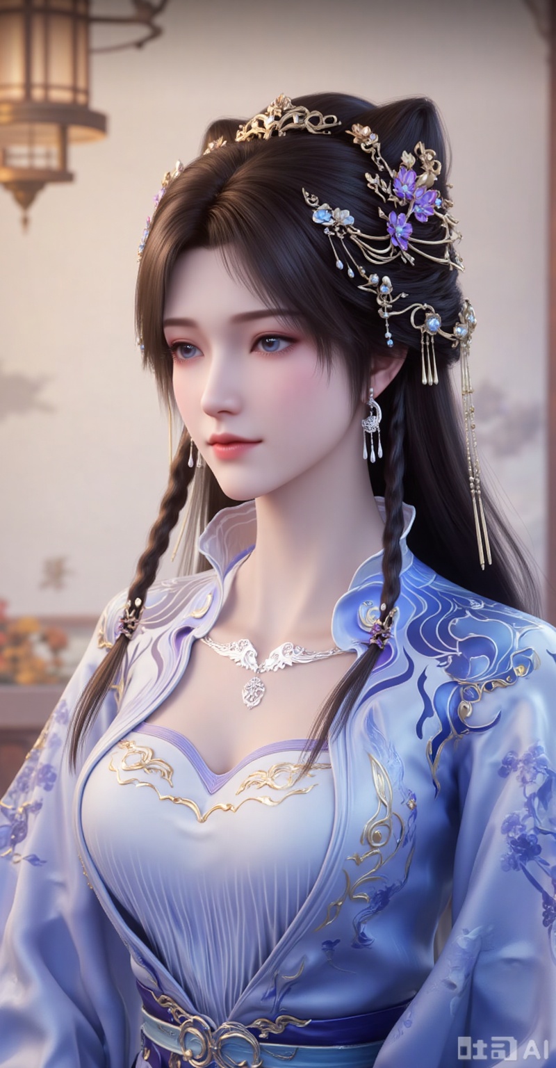 1girl, solo, long hair, brown hair, black hair, hair ornament, long sleeves, dress, jewelry, upper body, braid, earrings, blue dress, chinese clothes,
lvjing,lvjing,pifu,jiziyue