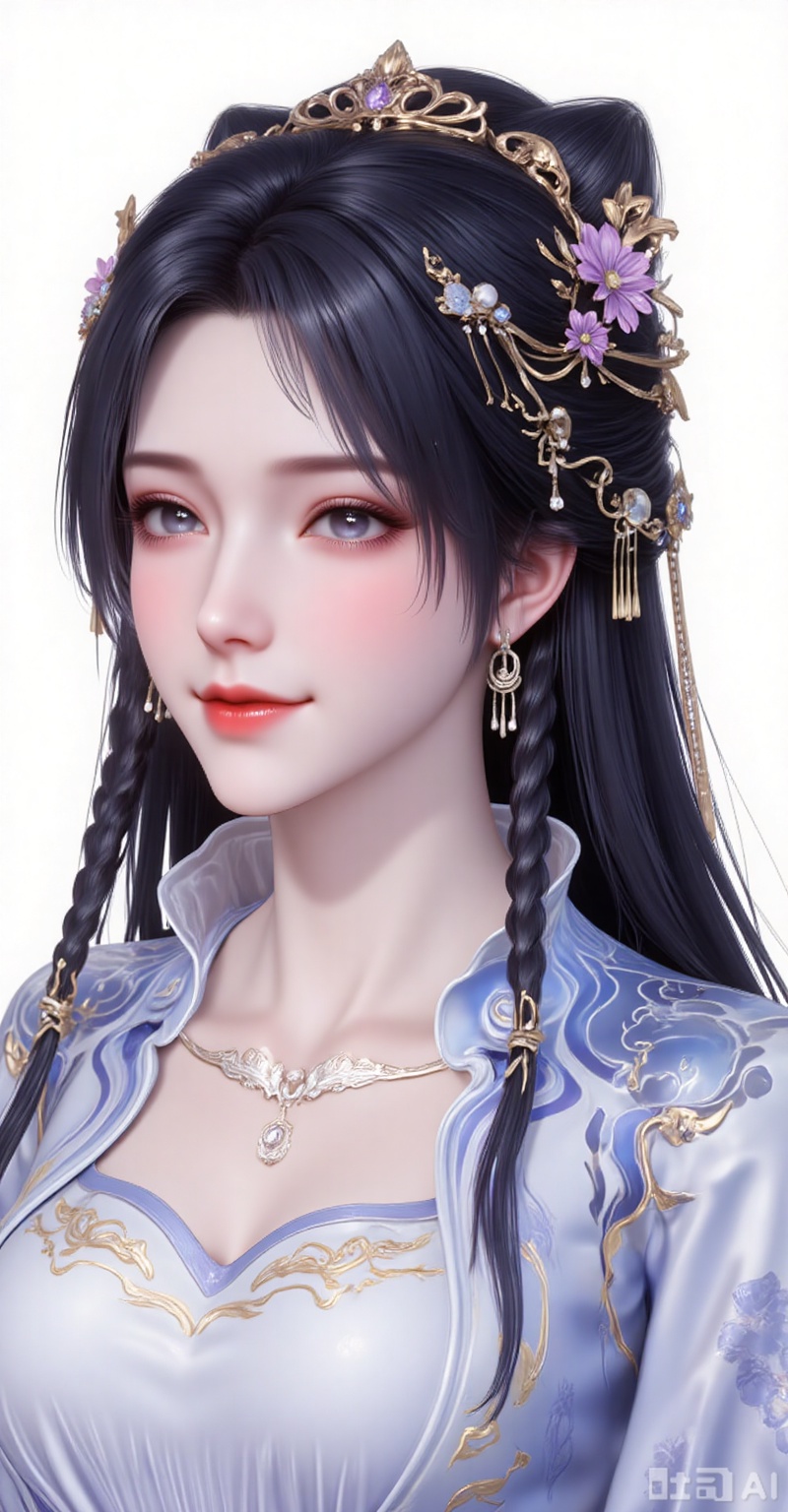 1girl, solo, long hair, smile, black hair, black hair, hair ornament, dress, jewelry, upper body, braid, flower, earrings, hair flower,
white_background,simple background,
lvjing,lvjing,mocaihuan,guanghuapifu,meidusha,qianrenxue,xiaoyixian,mingzhufuren,xiaowu,jiziyue