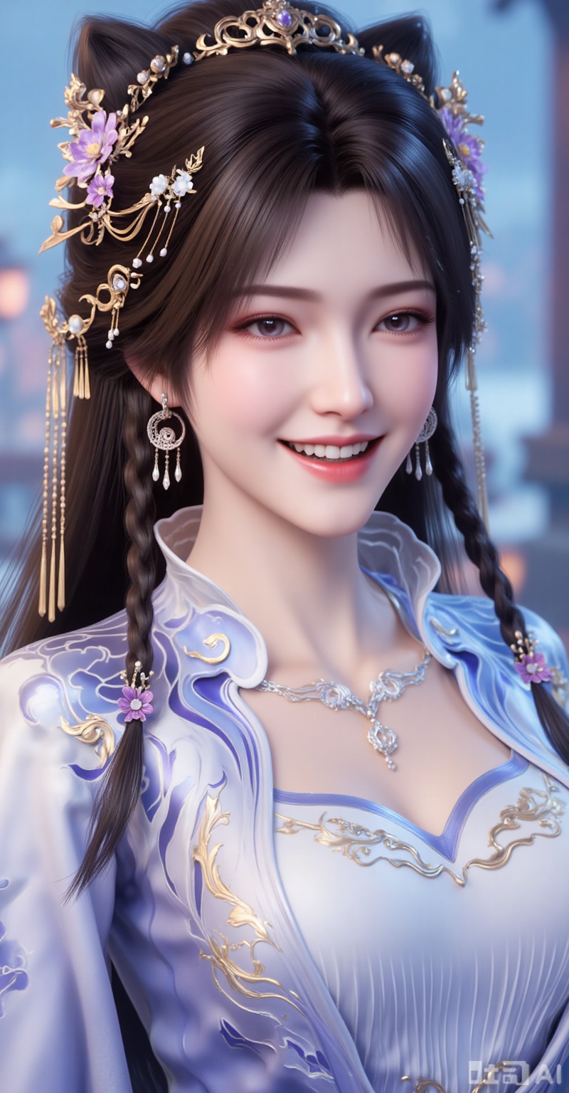 1girl, solo, long hair, smile, open mouth, brown hair, hair ornament, dress, jewelry, upper body, braid, flower, earrings, teeth, necklace, blurry, blurry background, chinese clothes
lvjing,lvjing,pifu,jiziyue