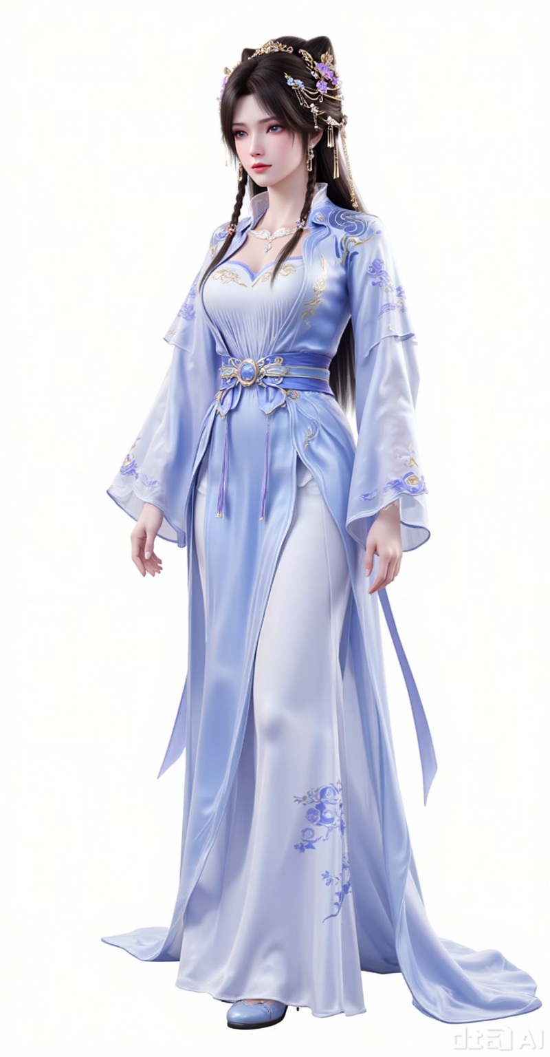 1girl, solo, long hair, brown hair, black hair, hair ornament, long sleeves, dress, long dress,jewelry,  braid, earrings, blue dress, chinese clothes,legs long legs,shoes,standing,full body,white_background,simple background,
lvjing,lvjing,pifu,jiziyue