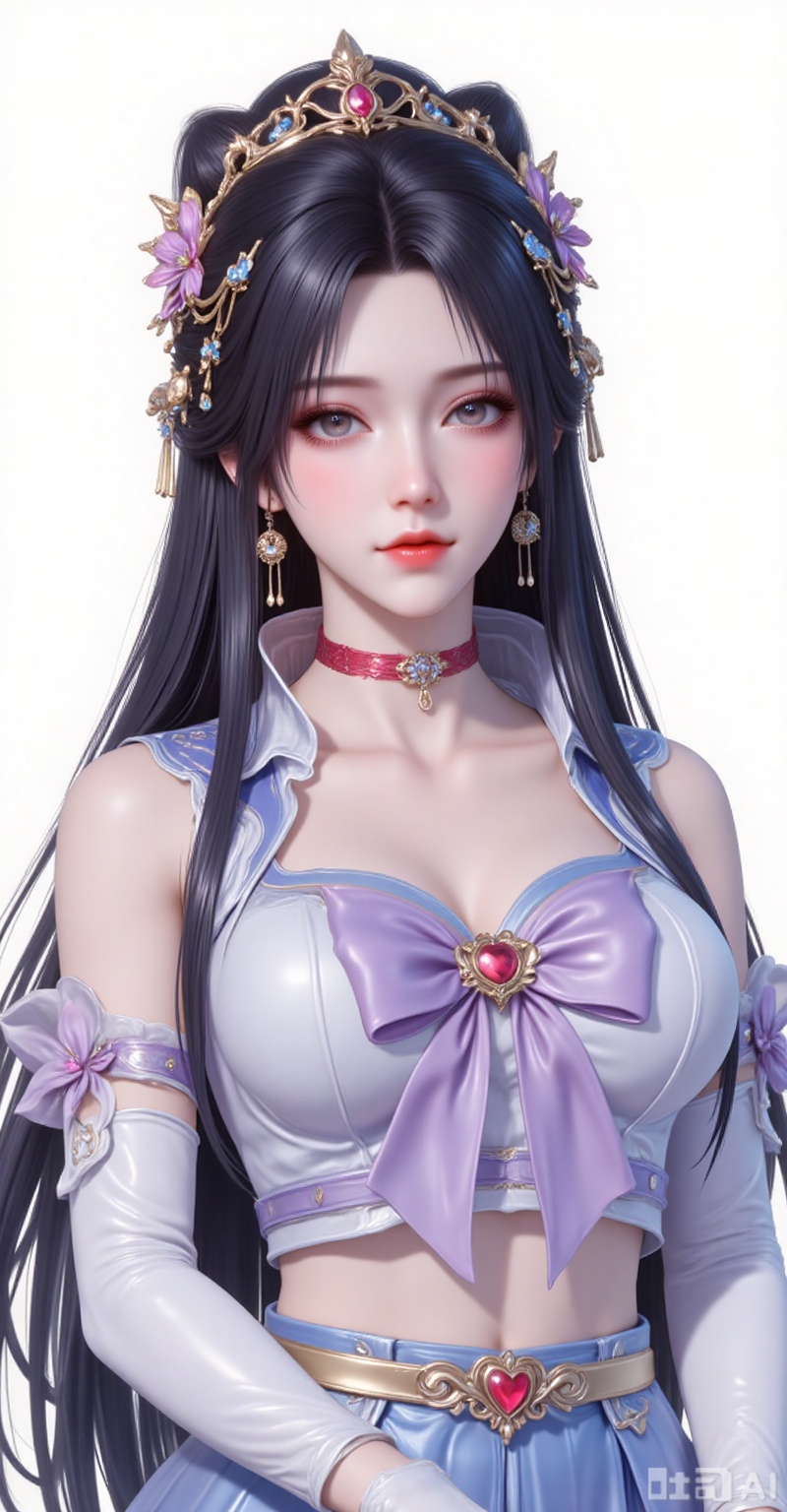 1girl, solo, long hair,  black hair, black hair, hair ornament,  jewelry, braid, flower, earrings, hair flower,
1girl,sailor senshi uniform,solo,jewelry,skirt,gloves,earrings,blue skirt,white gloves,sailor collar,bow,breasts,choker,elbow gloves,magical girl,back bow,covered navel,pleated skirt,looking at viewer,brooch,purple bow,heart brooch,red choker,miniskirt,closed mouth,large breasts,collarbone,red gemstone,tiara,cowboy shot,
white_background,simple background,
lvjing,lvjing,mocaihuan,guanghuapifu,meidusha,qianrenxue,xiaoyixian,mingzhufuren,xiaowu,jiziyue