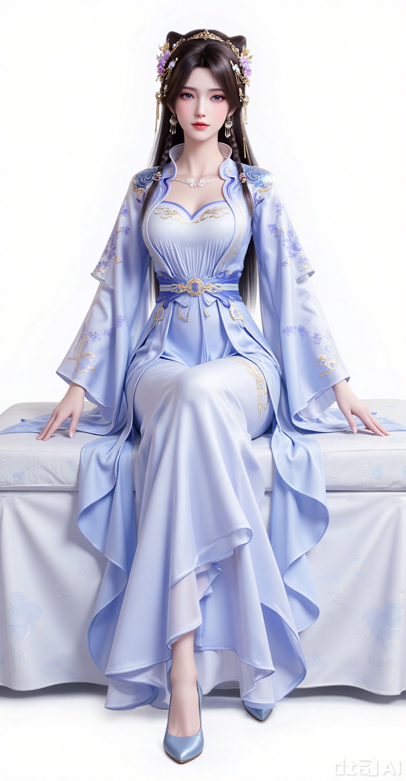 1girl, solo, long hair, brown hair, black hair, hair ornament, long sleeves, dress, long dress,jewelry,  braid, earrings, blue dress, chinese clothes,legs long legs,shoes,stting,sofa,full body,white_background,simple background,
lvjing,lvjing,pifu,jiziyue