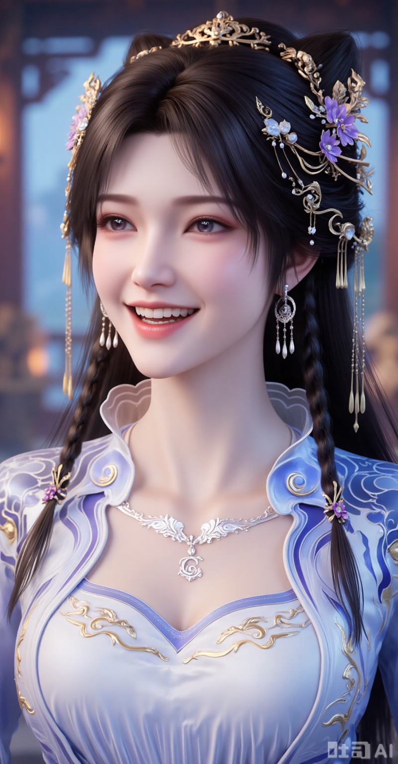 1girl, solo, long hair, smile, open mouth, brown hair, hair ornament, dress, jewelry, upper body, braid, flower, earrings, teeth, necklace, blurry, blurry background, chinese clothes
lvjing,lvjing,pifu,jiziyue