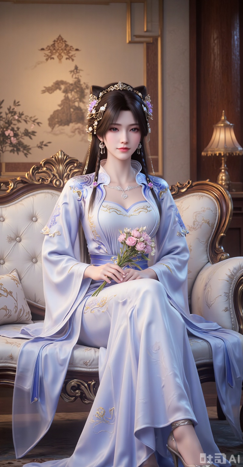 A beautiful woman, with long black hair like a waterfall gently flowing over her shoulders, dazzling jewelry shining at her ears, and exquisite hair accessories making her face even more charming. She has a pair of enviable long legs, and wearing high heels makes her figure look even taller and more slender. She was dressed in a magnificent Hanfu, with white and blue complementing each other perfectly, just like a touching painting. She sat gracefully on the sofa, her lips slightly upturned, blooming with a warm and charming smile. Holding a bouquet of delicate and alluring flowers in hand, the fragrance of the flowers filled the air, as if one could smell that refreshing and delightful aroma. The background is a luxuriously decorated Chinese-style room, with antique furniture and exquisite ornaments, exuding a strong Oriental charm everywhere.
lvjing,lvjing,pifu,jiziyue