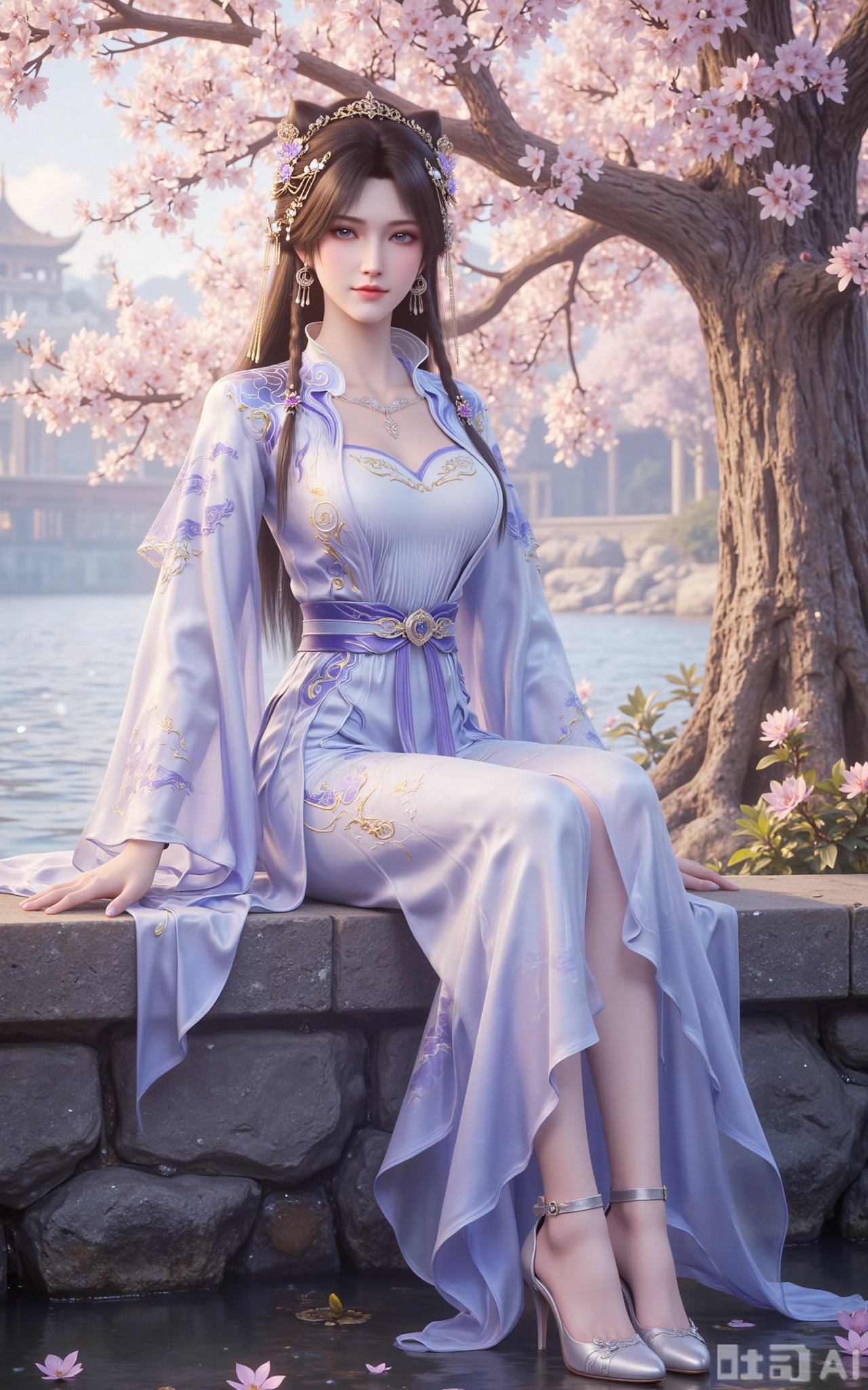 A beautiful woman, with long black and lustrous hair, hangs down her shoulders like a waterfall. Her eyes were like deep amethyst, radiating a charming glow, and her fair skin was as smooth and delicate as jade. She wore exquisite jewelry. Her earrings sparkled with brilliant light under the sunlight, and her hair accessories added a touch of elegance to her demeanor. Her long and straight legs are extremely enviable. At this moment, she was sitting steadily on a stone by the river, wearing a pair of high heels, looking particularly graceful and charming. She was dressed in a blue and white Hanfu. The exquisite embroidery and smooth lines made her figure look even more perfect. By the riverbank stands a huge cherry blossom tree, with the blossoms on it resembling clouds and rosy clouds. A gentle breeze blew, and a large number of cherry blossoms fluttered down with the wind, like pink raindrops falling on her body and around her. The woman sat there quietly, as if blending in with the beautiful scenery, forming a breathtaking picture that couldn't help but intoxicate people.
lvjing,lvjing,pifu,jiziyue