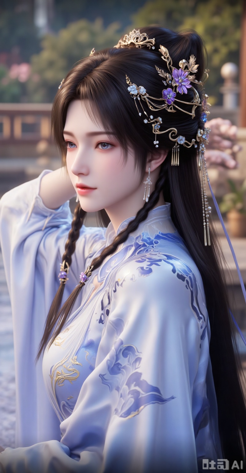1girl, solo, long hair, brown hair, black hair, hair ornament, long sleeves, dress, jewelry, upper body, braid, earrings, blue dress, chinese clothes,
lvjing,lvjing,pifu,jiziyue
