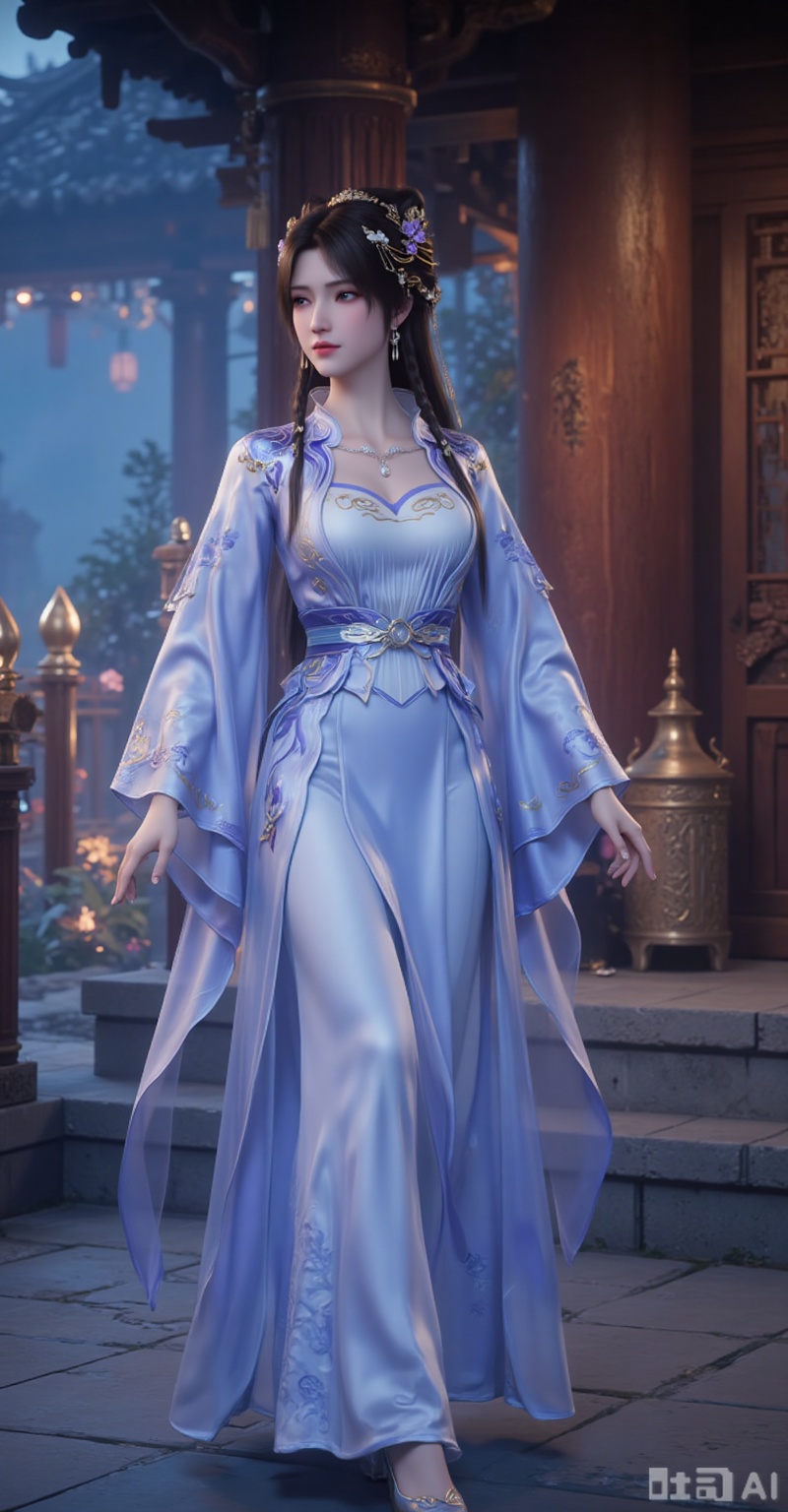 1girl, solo, long hair, brown hair, black hair, hair ornament, long sleeves, dress, long dress,jewelry,  braid, earrings, blue dress, chinese clothes,legs long legs,shoes,
lvjing,lvjing,pifu,jiziyue