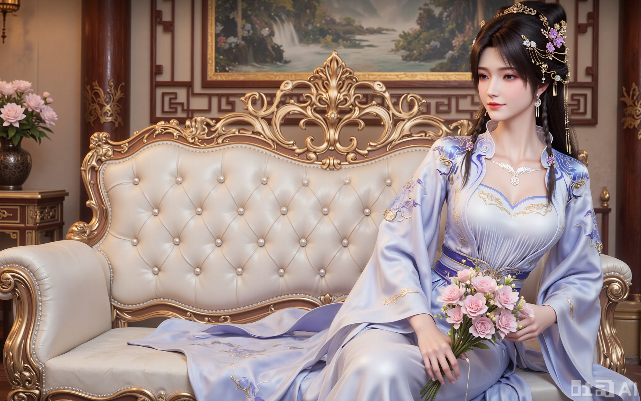 A beautiful woman, with long black hair like a waterfall gently flowing over her shoulders, dazzling jewelry shining at her ears, and exquisite hair accessories making her face even more charming. She has a pair of enviable long legs, and wearing high heels makes her figure look even taller and more slender. She was dressed in a magnificent Hanfu, with white and blue complementing each other perfectly, just like a touching painting. She sat gracefully on the sofa, her lips slightly upturned, blooming with a warm and charming smile. Holding a bouquet of delicate and alluring flowers in hand, the fragrance of the flowers filled the air, as if one could smell that refreshing and delightful aroma. The background is a luxuriously decorated Chinese-style room, with antique furniture and exquisite ornaments, exuding a strong Oriental charm everywhere.
lvjing,lvjing,pifu,jiziyue