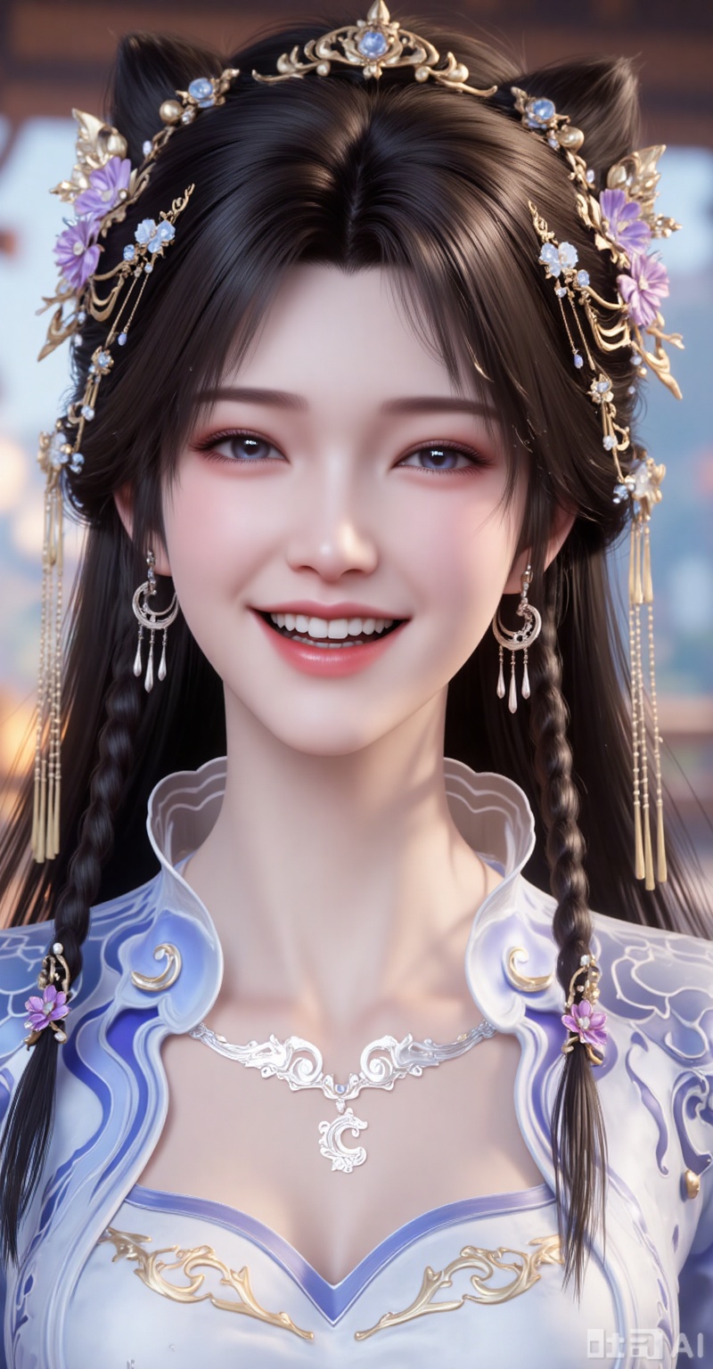 1girl, solo, long hair, smile, open mouth, brown hair, hair ornament, dress, jewelry, upper body, braid, flower, earrings, teeth, necklace, blurry, blurry background, chinese clothes
lvjing,lvjing,pifu,jiziyue
