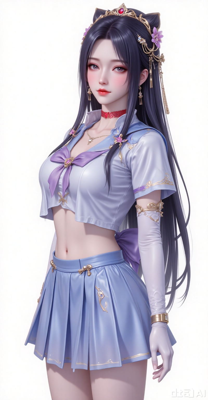 1girl, solo, long hair,  black hair, black hair, hair ornament,  jewelry, braid, flower, earrings, hair flower,
1girl,sailor senshi uniform,solo,jewelry,skirt,gloves,earrings,blue skirt,white gloves,sailor collar,bow,breasts,choker,elbow gloves,magical girl,back bow,covered navel,pleated skirt,looking at viewer,brooch,purple bow,heart brooch,red choker,miniskirt,closed mouth,large breasts,collarbone,red gemstone,tiara,cowboy shot,
white_background,simple background,
lvjing,lvjing,mocaihuan,guanghuapifu,meidusha,qianrenxue,xiaoyixian,mingzhufuren,xiaowu,jiziyue