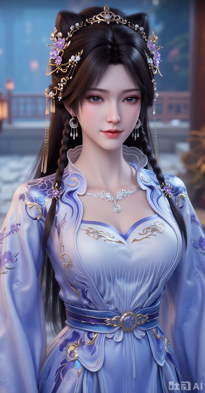 1girl, solo, long hair, brown hair, black hair, hair ornament, long sleeves, dress, jewelry, upper body, braid, earrings, blue dress, chinese clothes,
lvjing,lvjing,pifu,jiziyue