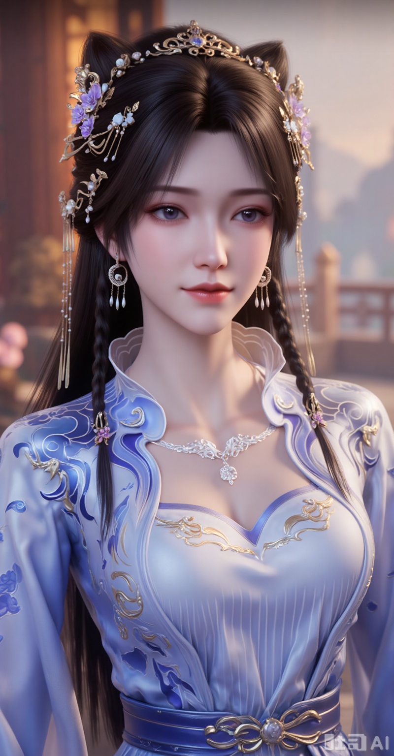 1girl, solo, long hair, brown hair, black hair, hair ornament, long sleeves, dress, jewelry, upper body, braid, earrings, blue dress, chinese clothes,
lvjing,lvjing,pifu,jiziyue