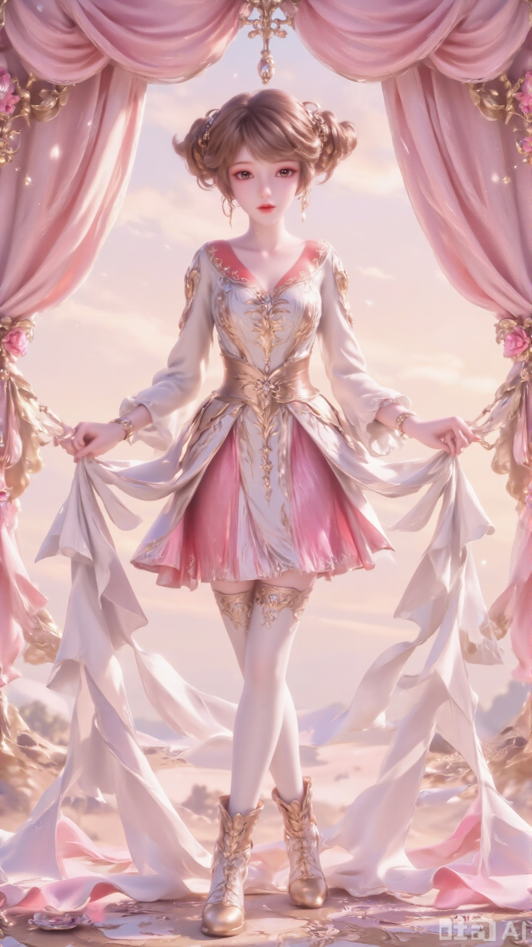 The image depicts a beautiful illustrated figure wearing an elaborate dress. The background consists of light pink curtains with delicate floral patterns, and a girl in front of the light pink curtains enhances the overall elegance and royal atmosphere of the scene. Curtains are decorated with flowers and beads, adding historical and artistic themes.1 girl, solo, short hair, skirt, brown hair, high pants, brown eyes, standing, boots, white high pants, brown shoes, belt, long sleeves and bow.
