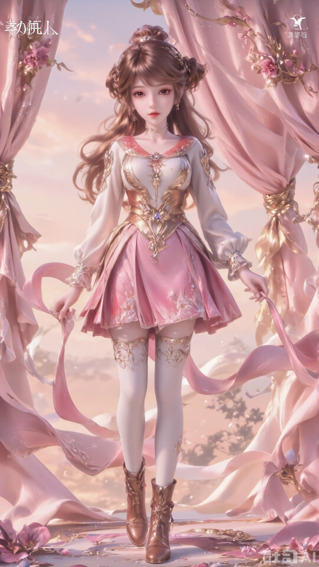 The image depicts a beautiful illustrated figure wearing an elaborate dress. The background consists of light pink curtains with delicate floral patterns, and a girl in front of the light pink curtains enhances the overall elegance and royal atmosphere of the scene. Curtains are decorated with flowers and beads, adding historical and artistic themes.1 girl, solo, short hair, skirt, brown hair, high pants, brown eyes, standing, boots, white high pants, brown shoes, belt, long sleeves and bow.