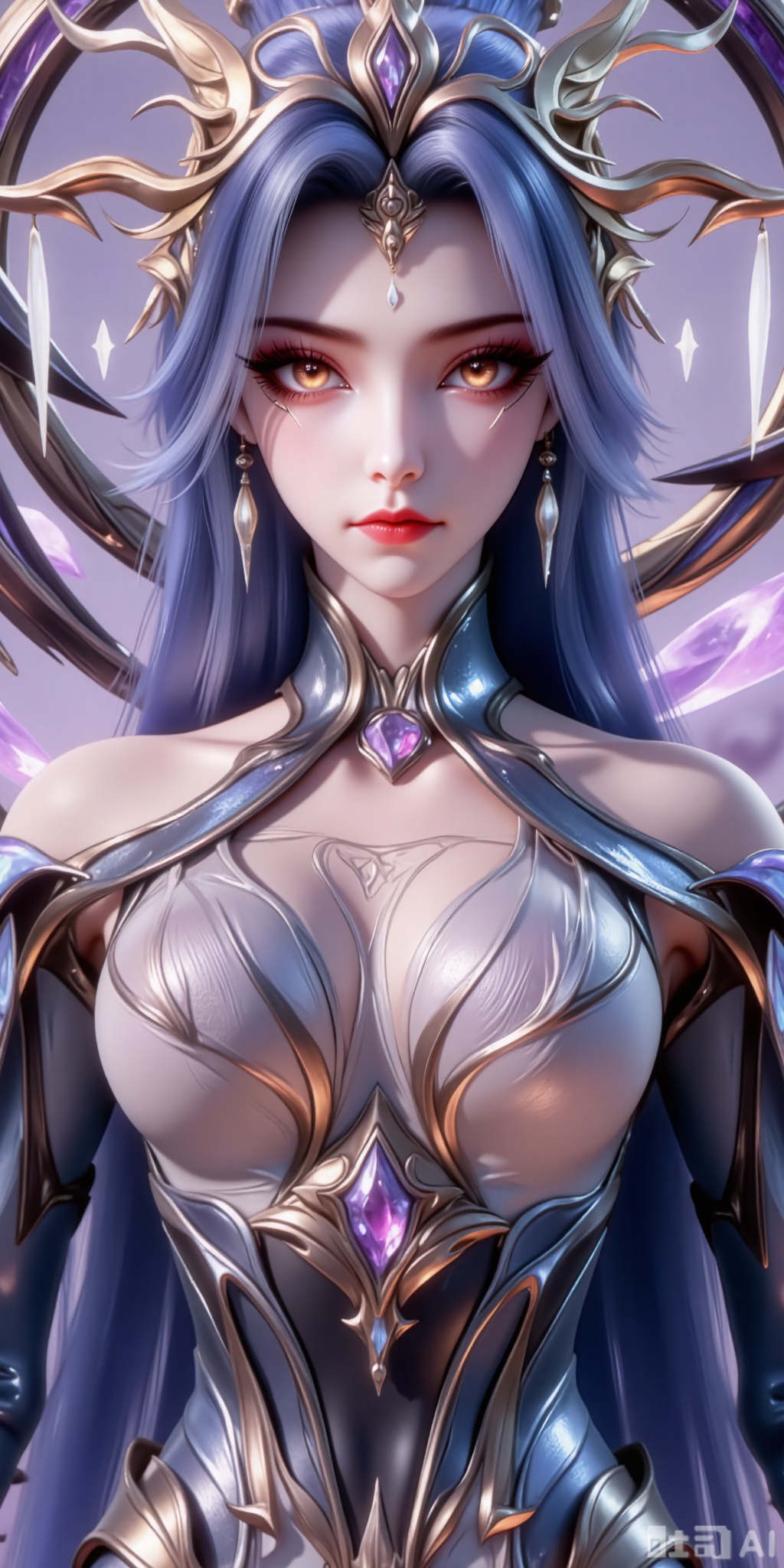 basohi. Purple eyes,
The image depicts a highly detailed and stylized character with a striking appearance. The character has long, flowing blue hair and is adorned with an intricate, metallic headpiece that features ornate, swirling designs. Their eyes are large and expressive, with a vivid orange hue, and they have subtle makeup enhancing their features. The character is wearing a form-fitting, armor-like outfit with a blend of metallic and fabric elements, including a prominent, gem-like centerpiece on the chest. The background is softly blurred, featuring a gradient of purples and blues, which complements the character's ethereal and regal appearance.