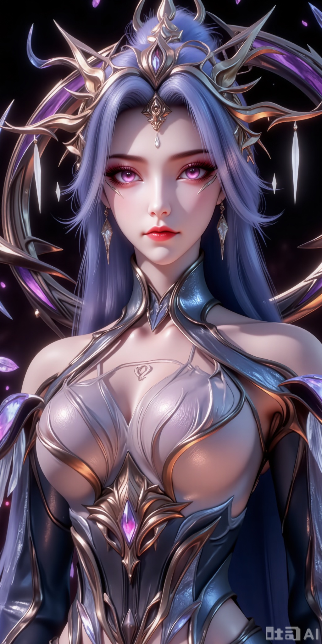 basohi. Purple eyes,
The image depicts a highly detailed and stylized character with a futuristic and fantasy aesthetic. The character has long, flowing hair that is a striking shade of blue, and their eyes are large and expressive, with a subtle hint of red. They are adorned in intricate armor that is metallic and ornate, featuring a blend of purple, pink, and gold hues. The armor includes a high-collared top and shoulder guards, with a central emblem that appears to be a stylized flower or similar motif.
The character is also wearing a headpiece that is elaborate, with sharp, angular extensions that resemble a crown or a headdress. The headdress is decorated with metallic elements and small, dangling ornaments that add to the overall fantastical appearance. The background is dark, which helps to highlight the character and their detailed attire. The lighting is focused on the character, creating a dramatic and ethereal effect.