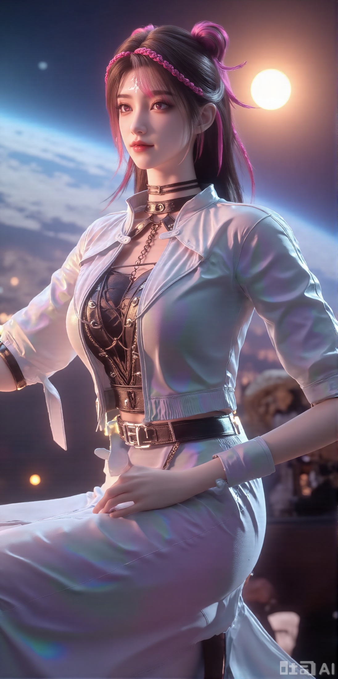 (masterpiece:1.2),best quality,absurdres,masterpiece,original,extremely detailed wallpaper,perfect lighting,1girl,solo,looking at viewer,(cowboy_shot:1.3),long hair,high heels,blurry background,depth of field,motion blur,(long dress:1.23),crystal_earrings,headpiece,hair_tie,chest_jewel,gem,necklace,jewelry,in summer,day,outdoors,nature,(Space, planetary belt, Earth, Mercury, Venus, Mars, Jupiter, Saturn, Sun in the background:1.59),(huge breasts:2.99),(full breasts:2.99),,large natural breast,soft breasts,XyunxiaoYH3,Xfenlanzhanguopao,XbaifengsongyuYH,Xbigbreasts,XLiquidGlass,XnanxiaochengYH,Xmiaozufushi