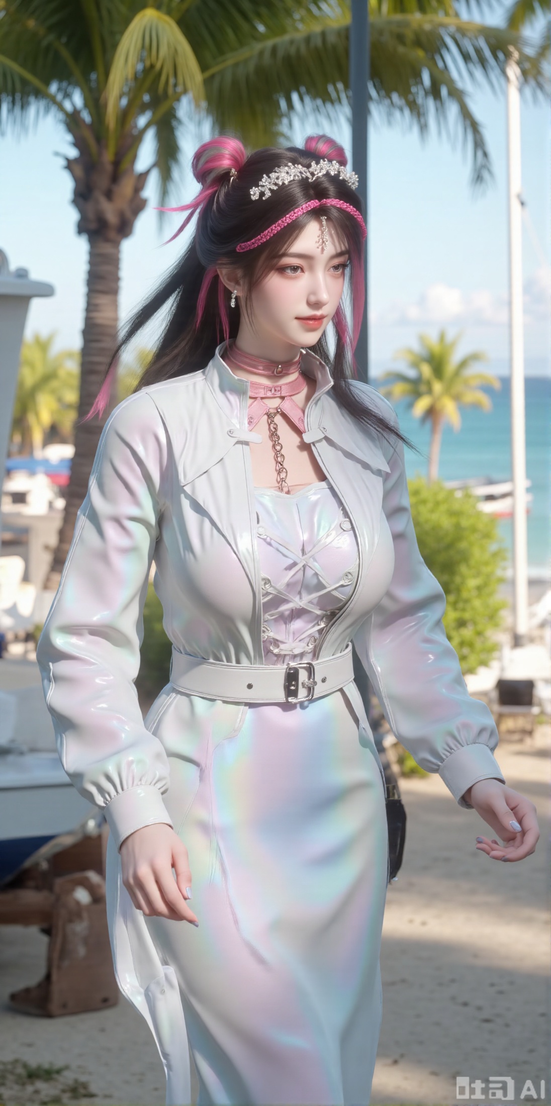 (masterpiece:1.2),best quality,absurdres,masterpiece,original,extremely detailed wallpaper,perfect lighting,1girl,solo,looking at viewer,(cowboy_shot:1.3),long hair,high heels,blurry background,depth of field,motion blur,(long dress:1.23),crystal_earrings,headpiece,hair_tie,chest_jewel,gem,necklace,jewelry,in summer,day,outdoors,nature,(standing,Seaside, beach, sailboat, coconut trees:1.59),(huge breasts:2.99),(full breasts:2.99),XyunxiaoYH3,Xfenlanzhanguopao,XbaifengsongyuYH,Xbigbreasts,XLiquidGlass,XnanxiaochengYH,Xmiaozufushi