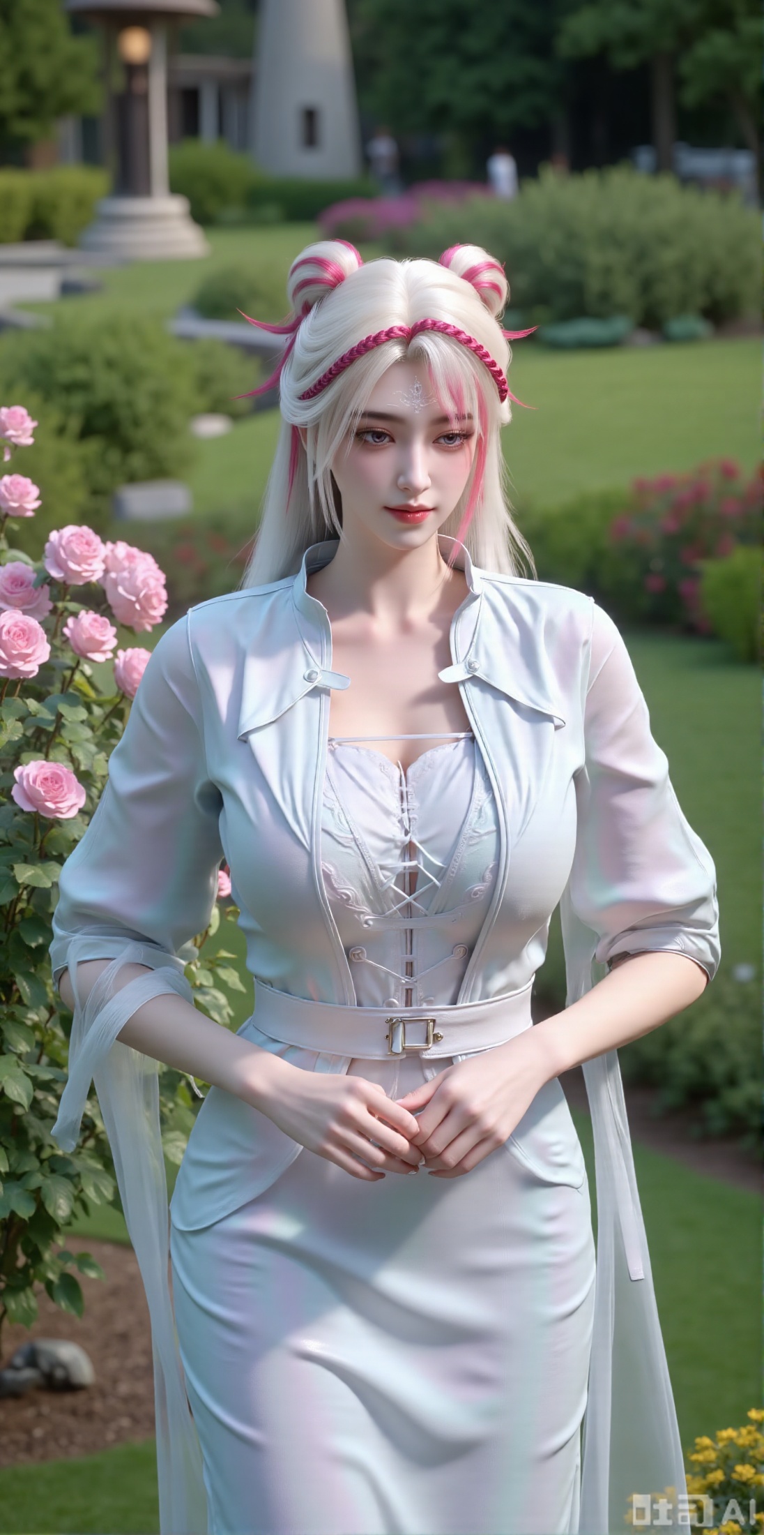 (masterpiece:1.2),best quality,,A woman ,(long dress),A garden filled with pink roses and lush greenery. Soft pastel hues of white,blue,and green,creating a serene atmosphere. Photorealistic photography.,,(huge breasts:2.99),(full breasts:2.99),XyunxiaoYH3,Xfenlanzhanguopao,XbaifengsongyuYH,Xbigbreasts,XLiquidGlass,XnanxiaochengYH,Xmiaozufushi