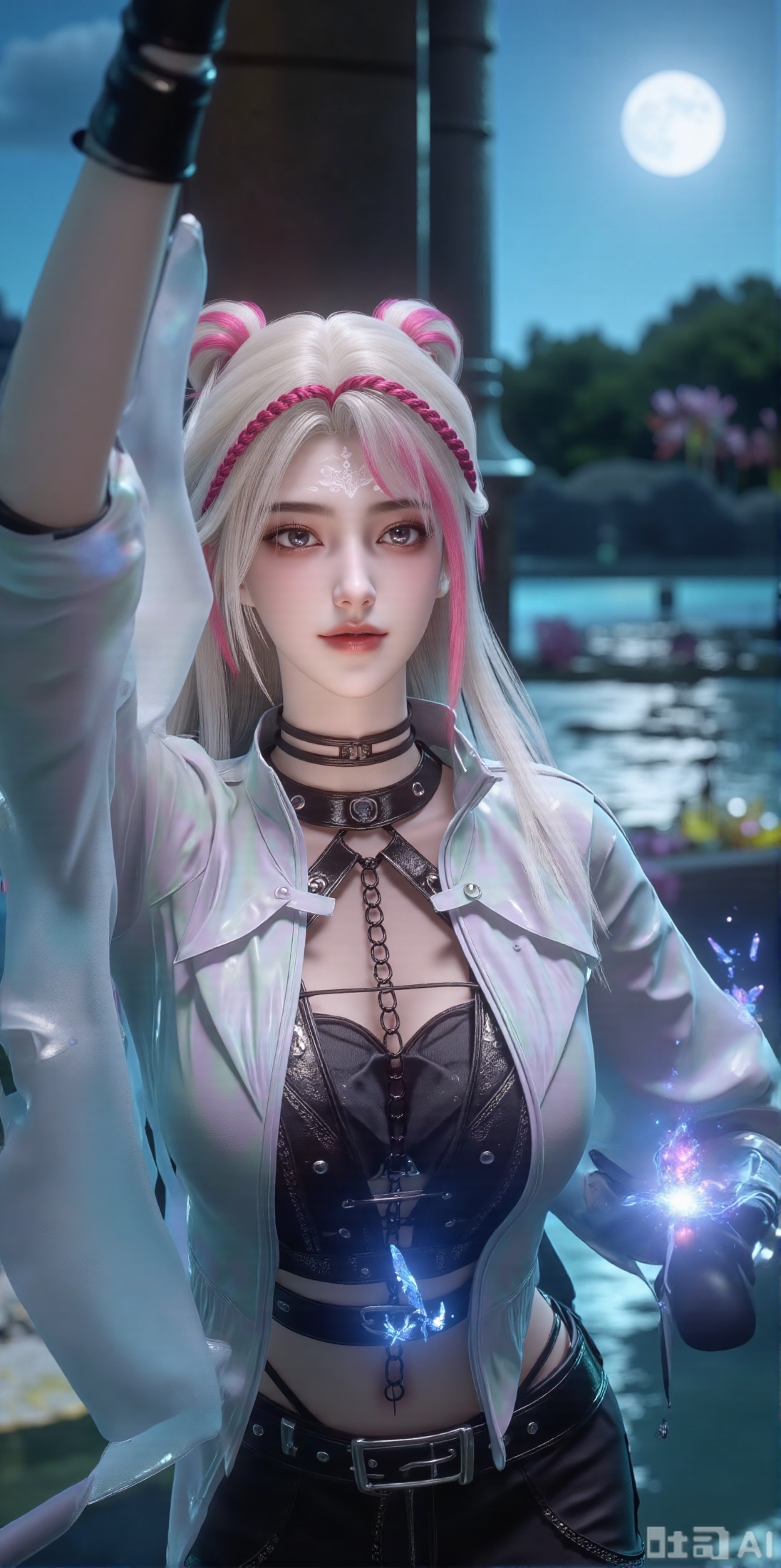  (masterpiece:1.2),best quality,(UE5.5,rendered with Unreal Engine 5,Unreal Engine 5,CG rendering:1.1), highres, extremely detailed, 1girl,(long hair:1.26),School Uniform,looking at viewer, whole body,(big breasts:2.69),Depth of field, (butterflies, ultra detailed, glary,Light, light particles,glitter,reflect:1.29),(huge breasts:2.99), (full breasts:2.99),background, solo, makeup,(Lotus,Water Lily,Blue sky,full moon:1.39),(Lotus pond,ancient Chinese architecture:1.39),XyunxiaoYH3,Xfenlanzhanguopao,XbaifengsongyuYH,Xbigbreasts,XLiquidGlass,XnanxiaochengYH,Xmiaozufushi