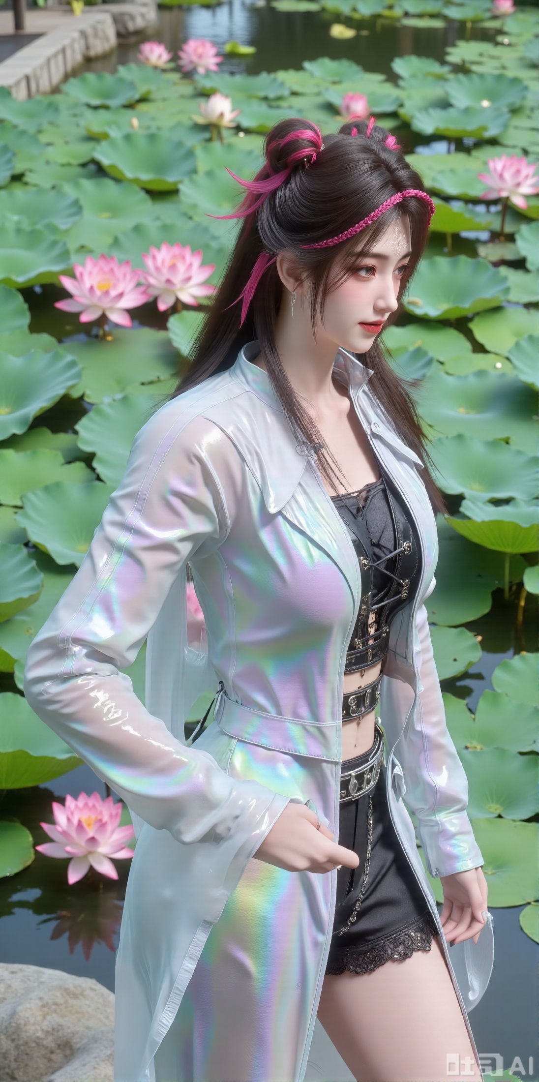 (masterpiece, best quality:1.2),1girl, navel, solo, midriff, bare shoulders, hair ornament,(long hair),(High double ponytail:1.49), red lips, BREAK, (looking at viewer:1.39), chinese clothes,(Holographic Color long dress:1.36), (lace,Rainbow Gradient Color:1.28), BREAK,blurry, solo focus, long hair, lips, daytime, lipstick, outdoors, standing,upper body,(huge breasts:2.89), background, solo, makeup,(Stockings, high heels:1.29),(huge breasts:2.99),(full breasts:2.99),,(Background with lotus pond and pink lotus flowers:1.39),XyunxiaoYH3,Xfenlanzhanguopao,XbaifengsongyuYH,Xbigbreasts,XLiquidGlass,XnanxiaochengYH,Xmiaozufushi
