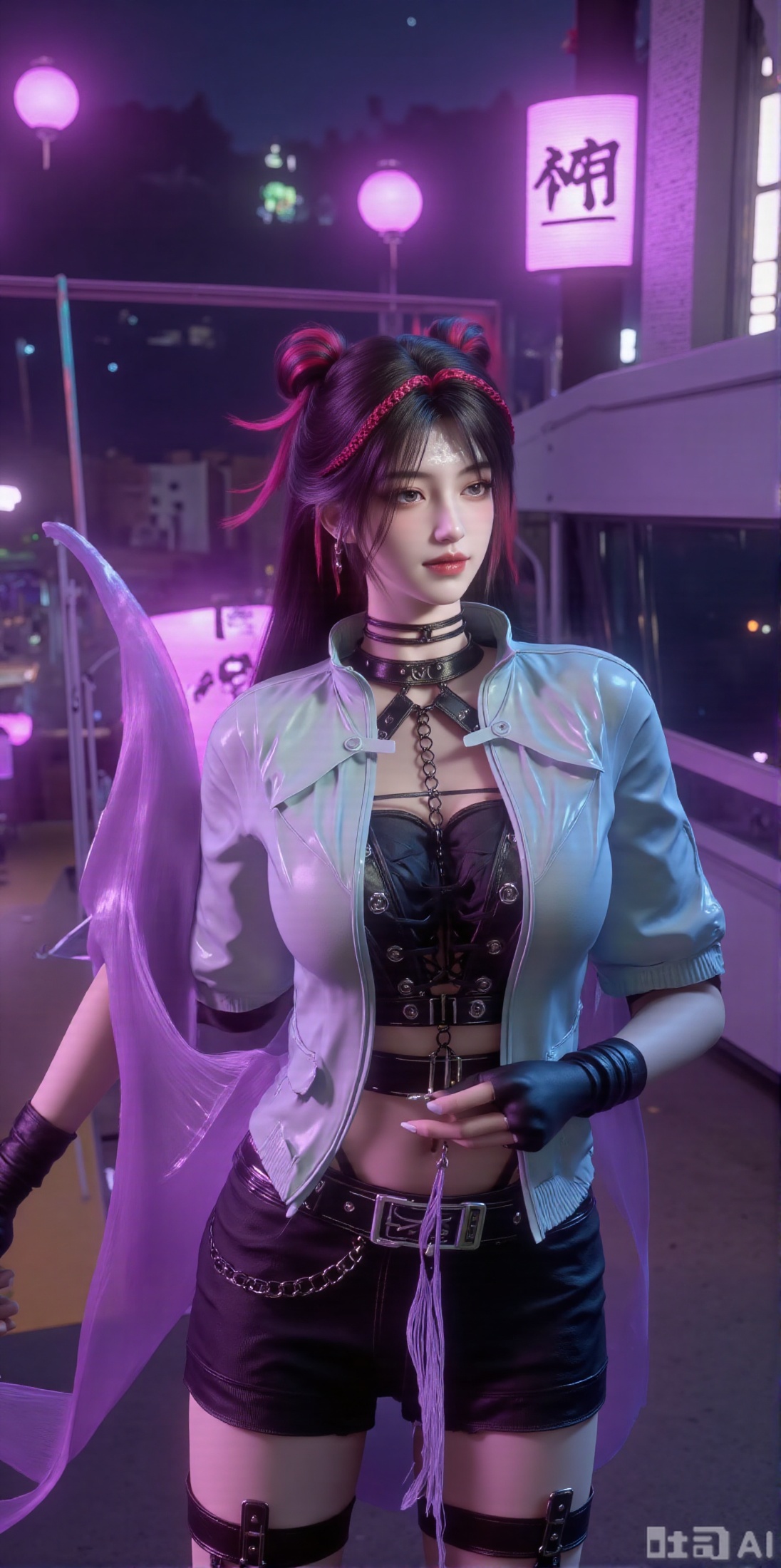 (masterpiece, best quality:1.2),Cyber qipao girl with long straight black hair, a pearl data necklace, wearing a modified cyber qipao—high collar with shoulder cutouts, cinched waist highlighting a slender torso, LED-embedded thigh-high slits, paired with over-the-knee boots and mechanical gloves. The scene is a neon street in Future Orient City, where traditional lanterns coexist with holographic shikigami projections, vending machines sell neural chips, and rain evaporates into purple mist on electronic runes. 4K ultra-high definition, delicate silk texture, soft LED lighting, smooth fair skin, East-West blended environment, rich light layers.(huge breasts:2.99),(full breasts:2.99),XyunxiaoYH3,Xfenlanzhanguopao,XbaifengsongyuYH,Xbigbreasts,XLiquidGlass,XnanxiaochengYH,Xmiaozufushi