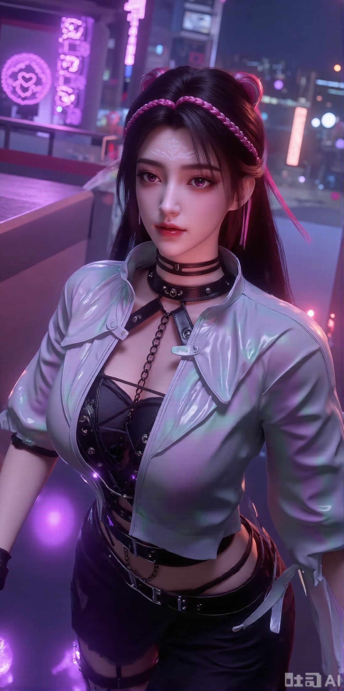 (masterpiece, best quality:1.2),Cyber qipao girl with long straight black hair, a pearl data necklace, wearing a modified cyber qipao—high collar with shoulder cutouts, cinched waist highlighting a slender torso, LED-embedded thigh-high slits, paired with over-the-knee boots and mechanical gloves. The scene is a neon street in Future Orient City, where traditional lanterns coexist with holographic shikigami projections, vending machines sell neural chips, and rain evaporates into purple mist on electronic runes. 4K ultra-high definition, delicate silk texture, soft LED lighting, smooth fair skin, East-West blended environment, rich light layers.(huge breasts:2.99),(full breasts:2.99),XyunxiaoYH3,Xfenlanzhanguopao,XbaifengsongyuYH,Xbigbreasts,XLiquidGlass,XnanxiaochengYH,Xmiaozufushi