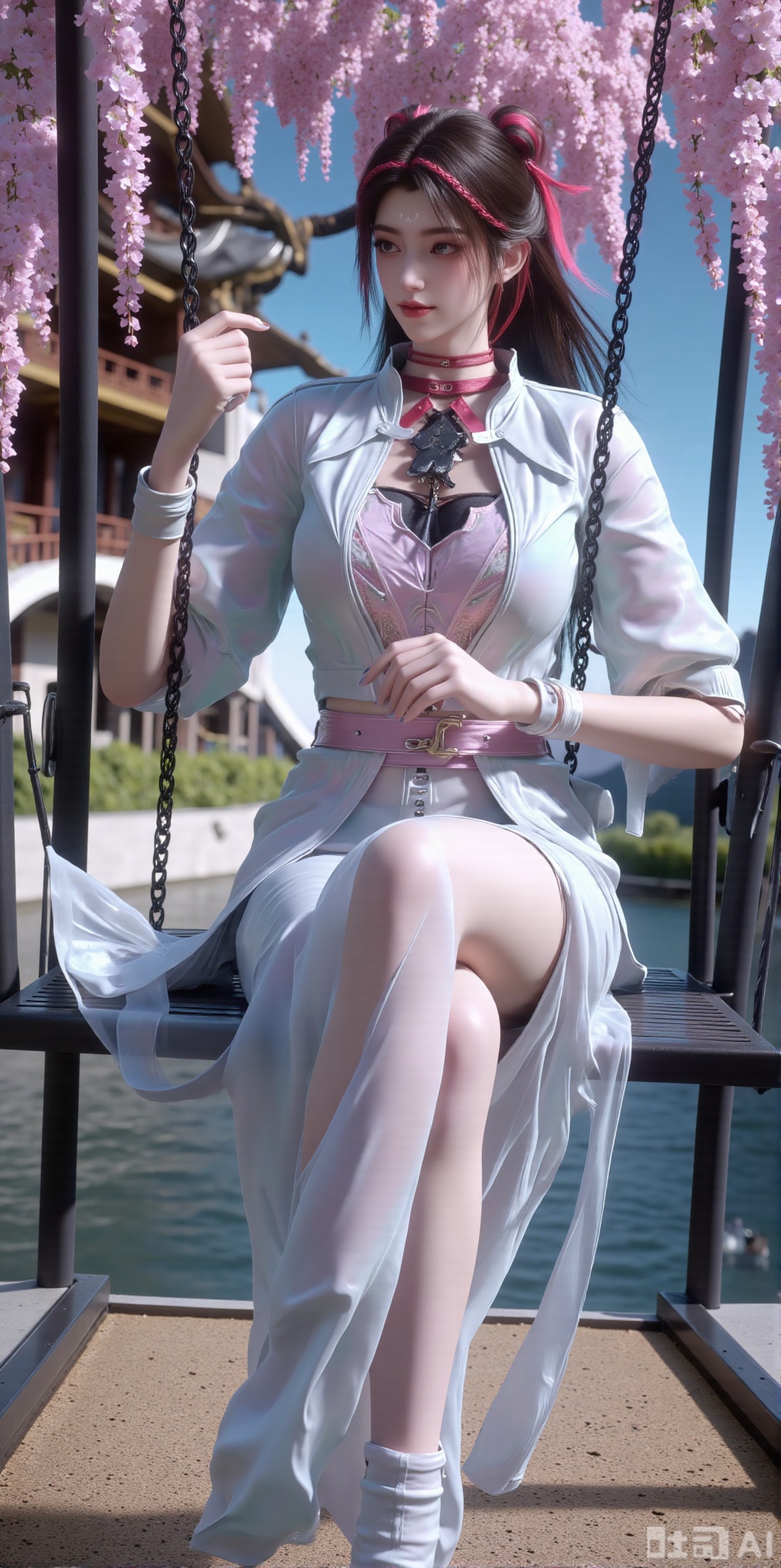 (masterpiece, top quality, best quality, official art, beautiful and aesthetic:1.2),Dynamic posture,(Sitting on the swing:1.39),natural skin texture,(Milky skin:1.2),1gir,solo,long Dress, (Long legs, perfect proportions:1.2),(Sakura, butterfly:1.29),(huge breasts:2.99),(full breasts:2.99),Wisteria, wisteria flowers, castle, waterfall, mountains in the distance,,XyunxiaoYH3,Xfenlanzhanguopao,XbaifengsongyuYH,Xbigbreasts,XLiquidGlass,XnanxiaochengYH,Xmiaozufushi