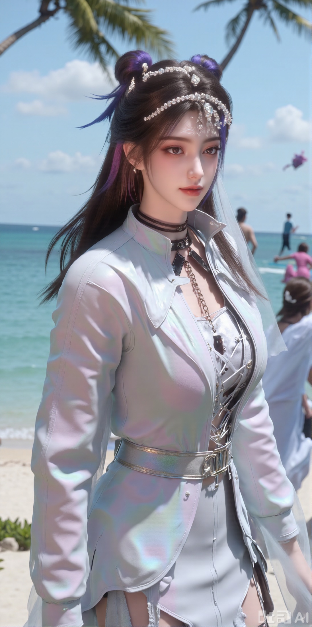 (masterpiece:1.2),best quality,absurdres,masterpiece,original,extremely detailed wallpaper,perfect lighting,1girl,solo,looking at viewer,(cowboy_shot:1.3),long hair,high heels,blurry background,depth of field,motion blur,(long dress:1.23),crystal_earrings,headpiece,hair_tie,chest_jewel,gem,necklace,jewelry,in summer,day,outdoors,nature,(standing,Seaside, beach, sailboat, coconut trees:1.59),(huge breasts:2.99),(full breasts:2.99),XyunxiaoYH3,Xfenlanzhanguopao,XbaifengsongyuYH,Xbigbreasts,XLiquidGlass,XnanxiaochengYH,Xmiaozufushi