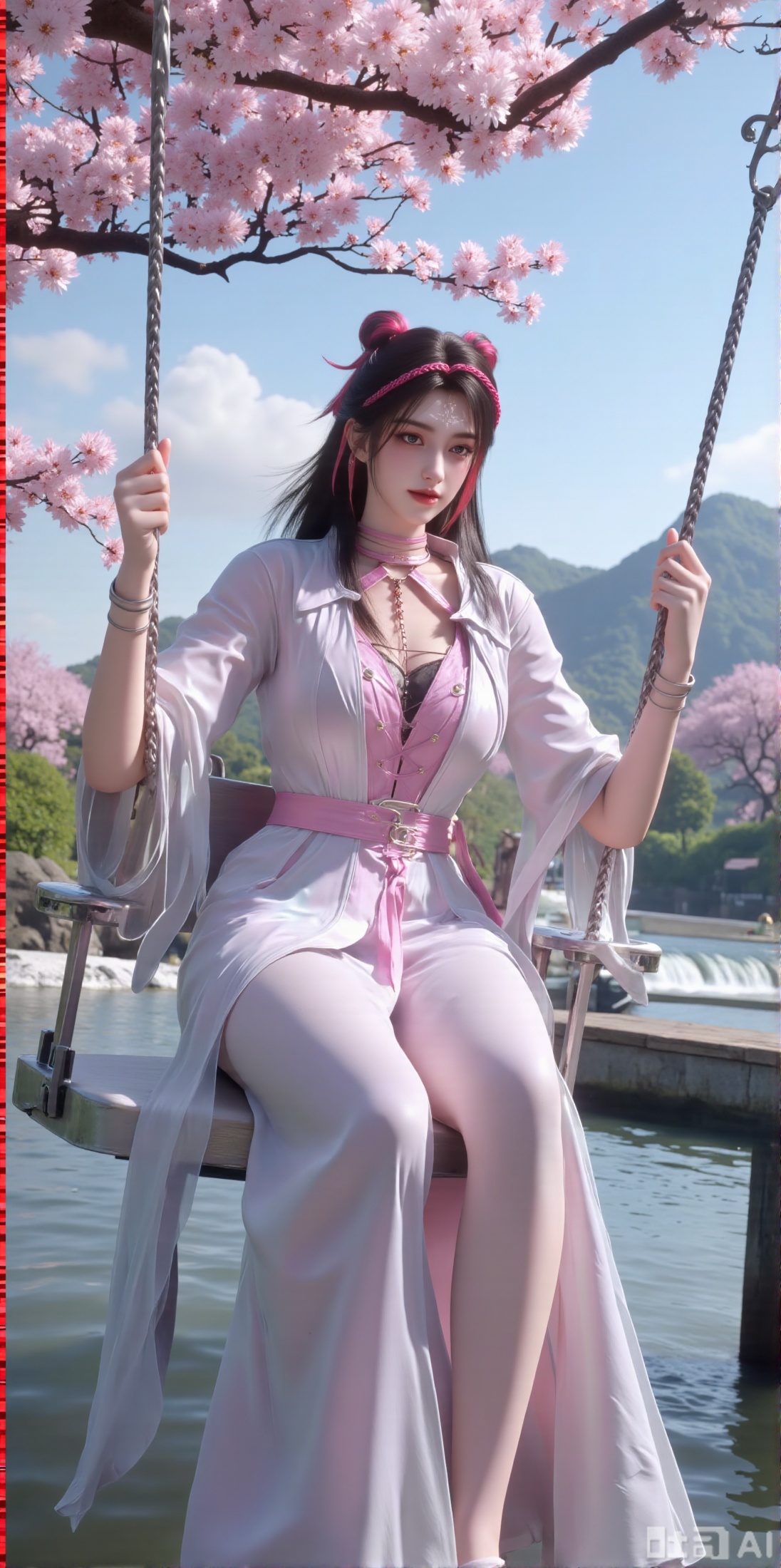 (masterpiece, top quality, best quality, official art, beautiful and aesthetic:1.2),Dynamic posture,(Sitting on the swing:1.39),natural skin texture,(Milky skin:1.2),1gir,solo,long Dress, (Long legs, perfect proportions:1.2),(Sakura, butterfly:1.29),(huge breasts:2.99),(full breasts:2.99),Wisteria, wisteria flowers, castle, waterfall, mountains in the distance,,XyunxiaoYH3,Xfenlanzhanguopao,XbaifengsongyuYH,Xbigbreasts,XLiquidGlass,XnanxiaochengYH,Xmiaozufushi
