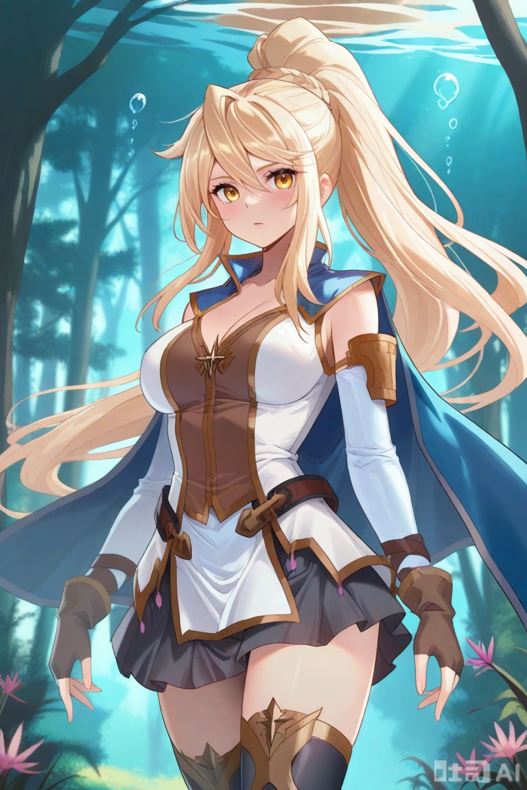 1girl,solo, yellow eyes, blonde hair,ponytail, blue cape,white shirt, black skirt,detached sleeves, fingerless gloves,black thighhighs, long hair, breasts, looking at viewer, bangs, skirt, blonde hair, large breasts, thighhighs, gloves, long sleeves, dress, cleavage, hair between eyes, bare shoulders, very long hair, yellow eyes, ponytail,  sidelocks, pleated skirt,detached sleeves, belt,  black thighhighs,  miniskirt,  black skirt,blue cape,姜青娥