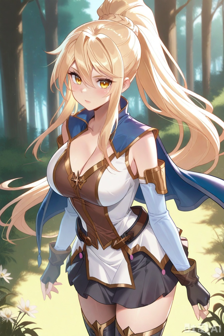 1girl,solo, yellow eyes, blonde hair,ponytail, blue cape,white shirt, black skirt,detached sleeves, fingerless gloves,black thighhighs, long hair, breasts, looking at viewer, bangs, skirt, blonde hair, large breasts, thighhighs, gloves, long sleeves, dress, cleavage, hair between eyes, bare shoulders, very long hair, yellow eyes, ponytail,  sidelocks, pleated skirt,detached sleeves, belt,  black thighhighs,  miniskirt,  black skirt,blue cape,姜青娥