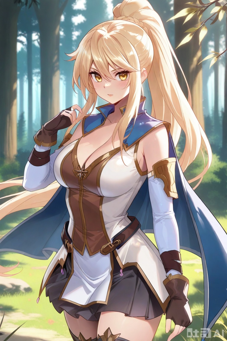 1girl,solo, yellow eyes, blonde hair,ponytail, blue cape,white shirt, black skirt,detached sleeves, fingerless gloves,black thighhighs, long hair, breasts, looking at viewer, bangs, skirt, blonde hair, large breasts, thighhighs, gloves, long sleeves, dress, cleavage, hair between eyes, bare shoulders, very long hair, yellow eyes, ponytail,  sidelocks, pleated skirt,detached sleeves, belt,  black thighhighs,  miniskirt,  black skirt,blue cape,姜青娥
