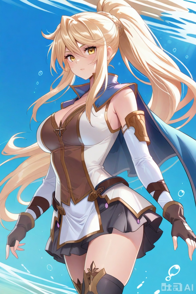 1girl,solo, yellow eyes, blonde hair,ponytail, blue cape,white shirt, black skirt,detached sleeves, fingerless gloves,black thighhighs, long hair, breasts, looking at viewer, bangs, skirt, blonde hair, large breasts, thighhighs, gloves, long sleeves, dress, cleavage, hair between eyes, bare shoulders, very long hair, yellow eyes, ponytail,  sidelocks, pleated skirt,detached sleeves, belt,  black thighhighs,  miniskirt,  black skirt,blue cape,姜青娥