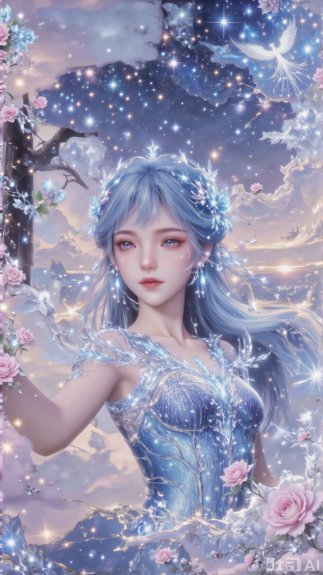 Flat color. This image prompt depicts an animated woman with bright colors, delicate background and long blue hair. She wears exquisite hair accessories, including headdress. With the double exposure effect, you can see the beautiful rose sea, starry sky and stars in the sky through her silhouette. In addition, a glowing phoenix is depicted in the sky. The characters and background blend together to create a wonderful aesthetic feeling. The overall style combines realism, 3D rendering, magic realism painting style, surrealism composition and bright colors, blurring the boundary between reality and fantasy. 1 girl, solo, long hair, blue hair and blue dress.whole body