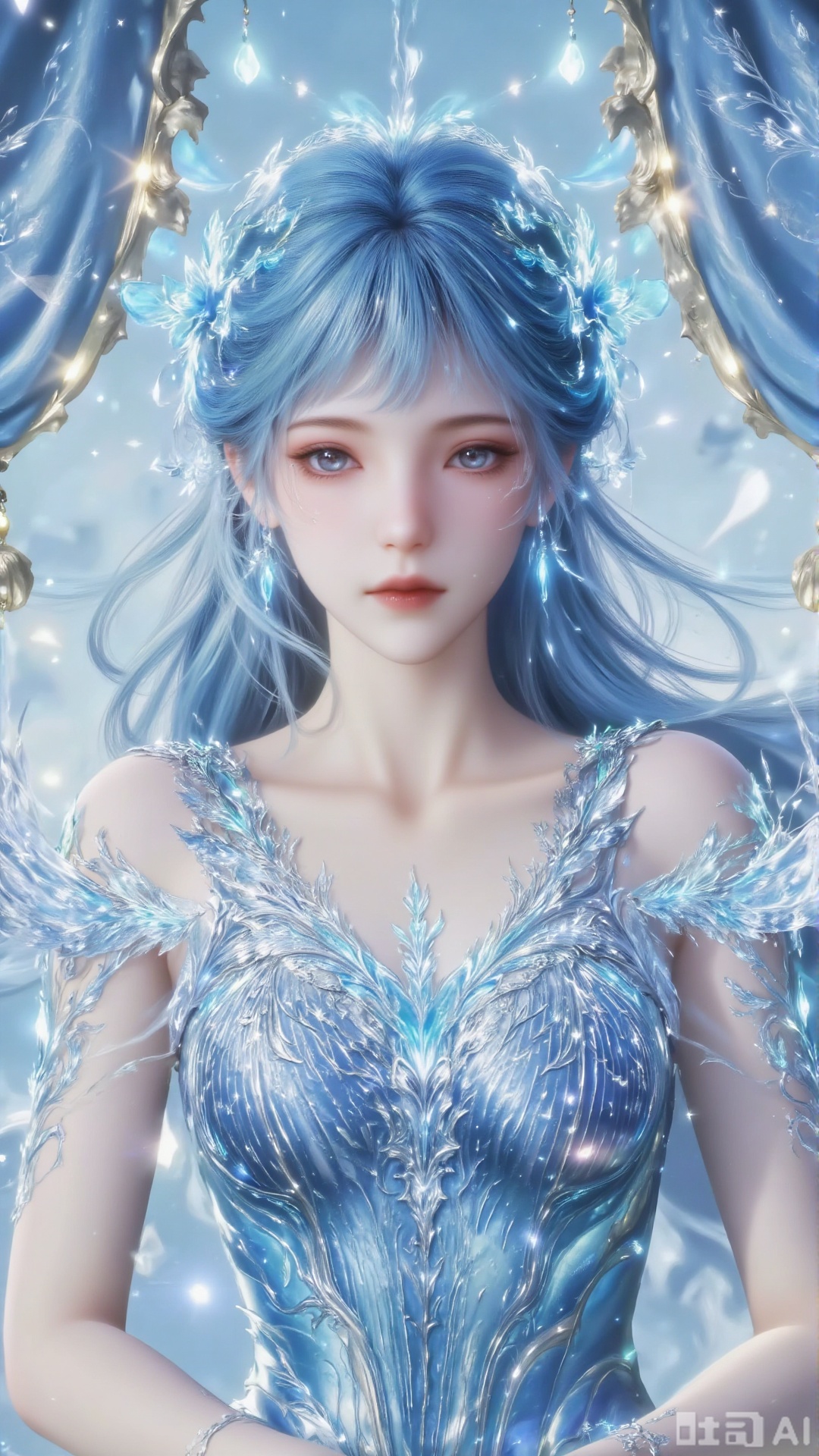 The image depicts a beautiful illustrated figure wearing an elaborate dress. The background consists of light blue curtains with delicate floral patterns, and an antique girl in front of the light blue curtains enhances the overall elegance and royal atmosphere of the scene. Curtains are decorated with flowers and beads, adding historical and artistic themes. Blue hair, blue dress,long hair