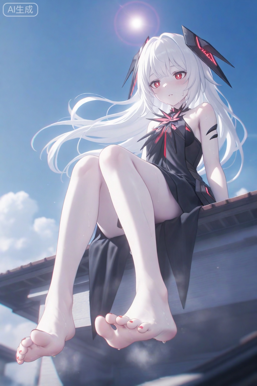 masterpiece,absurdres,best quality,high quality,chromatic_aberration,nsfw,perfect lighting,sunlight,blue sky,//,artist:konya_karasue,
highres,HDR,8K,high contrast,illustration,depth of field,(colorful),Tyndall effect,contrast,lens flare,//,
khaos,1girl, long hair, bangs, red eyes, dress,black dress, bare shoulders, white hair, barefoot,  headgear, pale skin,sunlight,scenery,,foot focus,sitting on edge,roof,windy,floating hair,from below,steaming feet,sweat,toenails,toenail polish,
//,
highres,HDR,8K,high contrast,illustration,depth of field,(colorful),Tyndall effect,contrast,lens flare,