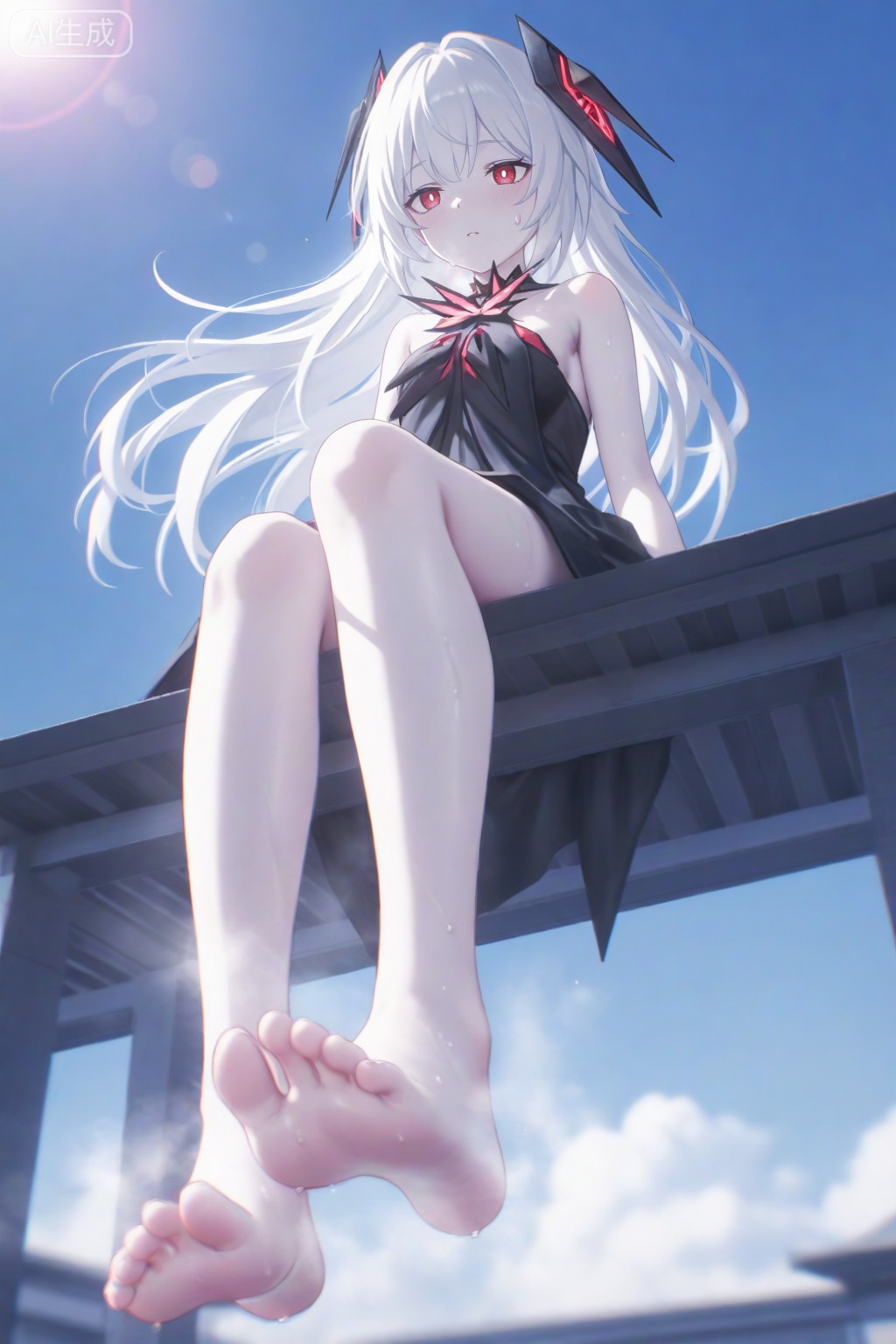 masterpiece,absurdres,best quality,high quality,chromatic_aberration,nsfw,perfect lighting,sunlight,blue sky,//,artist:konya_karasue,
highres,HDR,8K,high contrast,illustration,depth of field,(colorful),Tyndall effect,contrast,lens flare,//,
khaos,1girl, long hair, bangs, red eyes, dress,black dress, bare shoulders, white hair, barefoot,  headgear, pale skin,sunlight,scenery,,foot focus,sitting on edge,roof,windy,floating hair,from below,steaming feet,sweat,
//,
highres,HDR,8K,high contrast,illustration,depth of field,(colorful),Tyndall effect,contrast,lens flare,