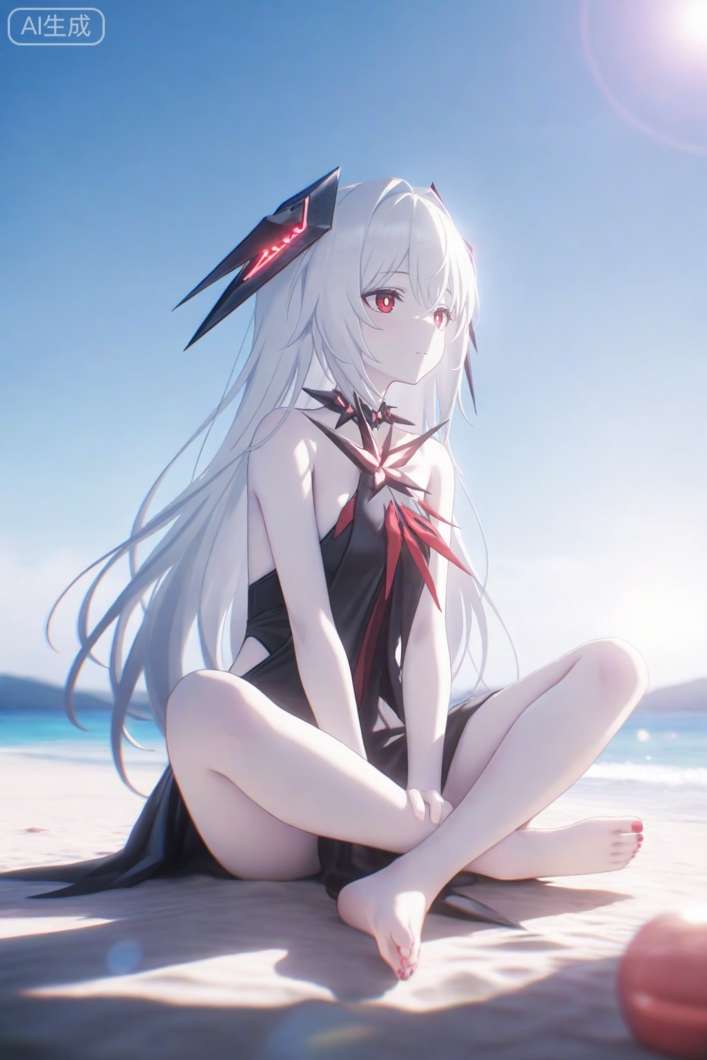 masterpiece,absurdres,best quality,high quality,chromatic_aberration,nsfw,perfect lighting,sunlight,blue sky,//,artist:konya_karasue,
highres,HDR,8K,high contrast,illustration,depth of field,(colorful),Tyndall effect,contrast,lens flare,//,
khaos,1girl, long hair, bangs, red eyes, dress,black dress, bare shoulders, white hair, barefoot, nail polish, headgear, pale skin, toenails, toenail polish,sitting,beach,sands,sunlight,scenery,indian style,
//,
highres,HDR,8K,high contrast,illustration,depth of field,(colorful),Tyndall effect,contrast,lens flare,