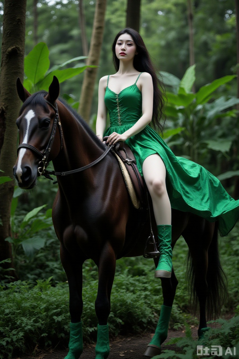 1girl, horse, horseback riding, riding, long hair, black hair, nature, dress, forest, solo, green dress, green footwear, tree, boots, bare shoulders, makeup, saddle, plant