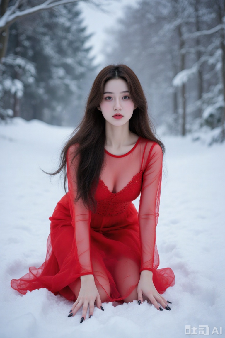 Super realistic photos, complex details, master composition, realistic photography style, 8k resolution, high definition, visual impact, depth of field,
1girl, solo, snow, dress, red dress, long hair, all fours, realistic, looking at viewer, breasts, see-through, black nails, brown hair, cleavage, black hair, winter, nail polish