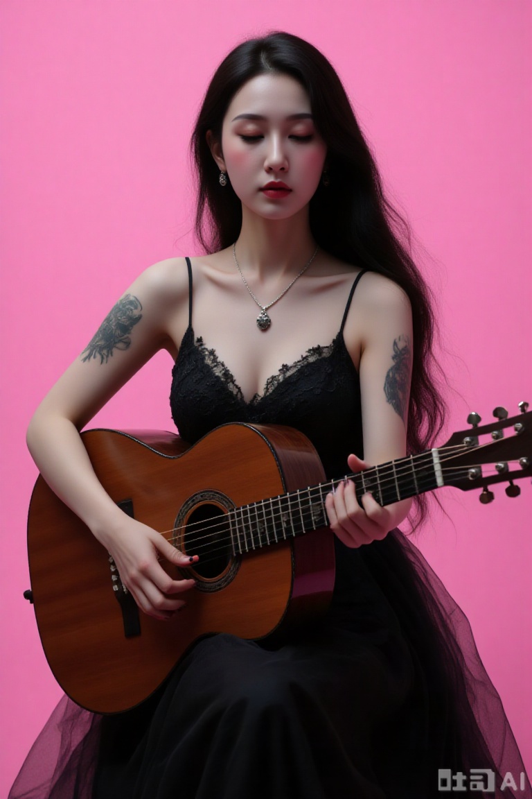 Super realistic photos, complex details, master composition, realistic photography style, 8k resolution, high definition, visual impact, depth of field,
1girl, instrument, black hair, long hair, solo, tattoo, dress, jewelry, necklace, guitar, closed eyes, black dress, nail polish, very long hair, pink background, blush, music, pale skin, playing instrument, barefoot, makeup
