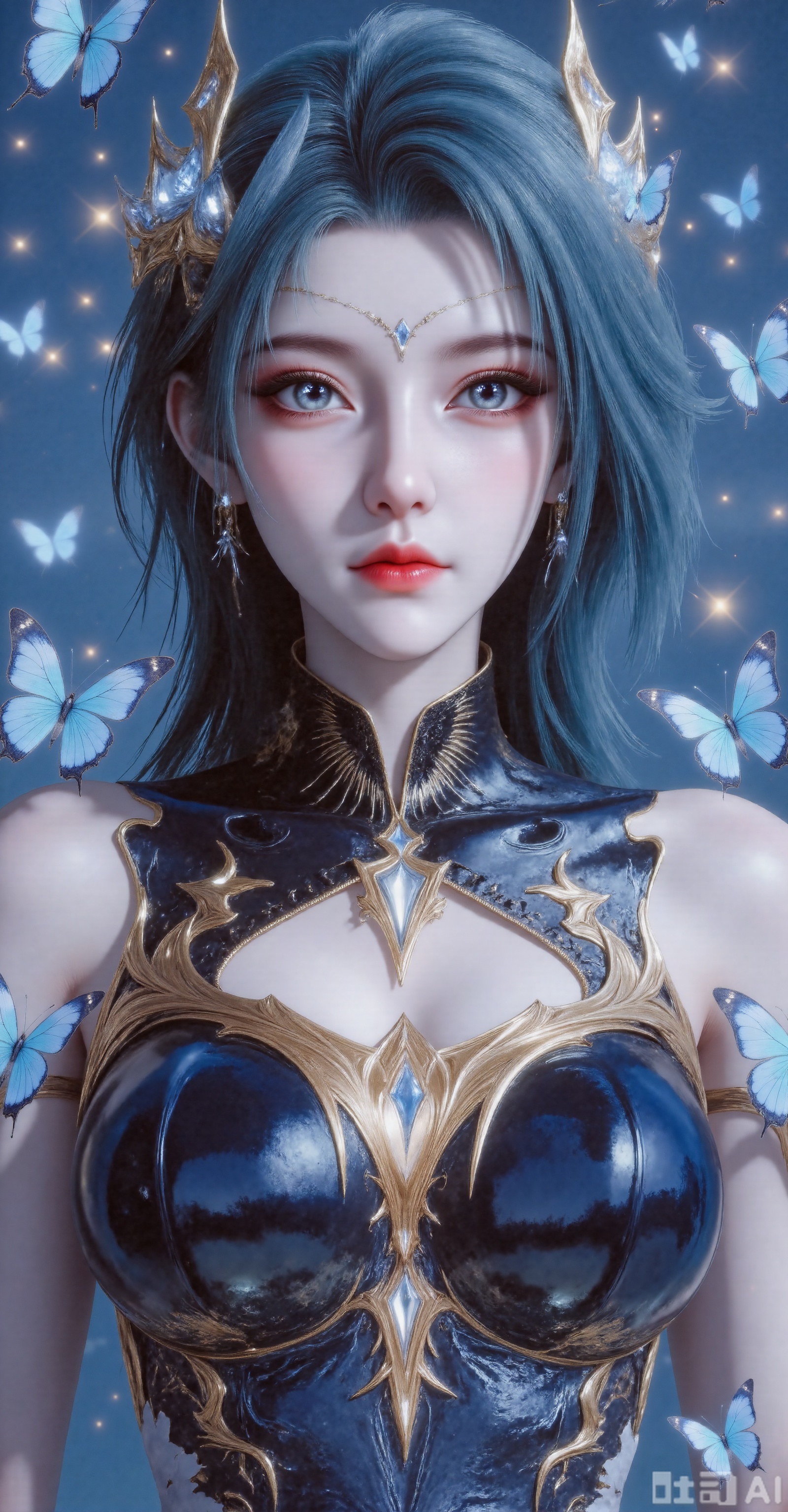 Character: Upper body close-up. Dark blue hair is flowing, delicate skin and delicate makeup. Looking at the camera, long eyelashes, natural pink lips. Special Effects Elements: A large number of blue butterflies surround the characters, some stopping on their cheeks and foreheads, and some flying between their hair. The butterfly's wings are flashing with a dreamy luster, and the exquisite starlight effect creates an extraordinary atmosphere; the expression facing the camera is very calm, with a hint of desire, giving people a feeling of immersed in beautiful fantasy. Front, skirt. Blue hair,