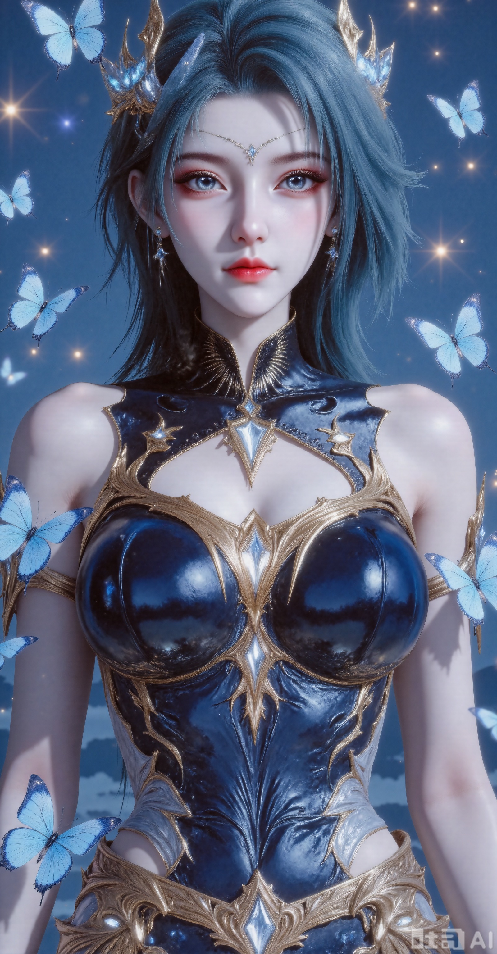 Character: Upper body close-up. Dark blue hair is flowing, delicate skin and delicate makeup. Looking at the camera, long eyelashes, natural pink lips. Special Effects Elements: A large number of blue butterflies surround the characters, some stopping on their cheeks and foreheads, and some flying between their hair. The butterfly's wings are flashing with a dreamy luster, and the exquisite starlight effect creates an extraordinary atmosphere; the expression facing the camera is very calm, with a hint of desire, giving people a feeling of immersed in beautiful fantasy. Front, skirt. Blue hair,