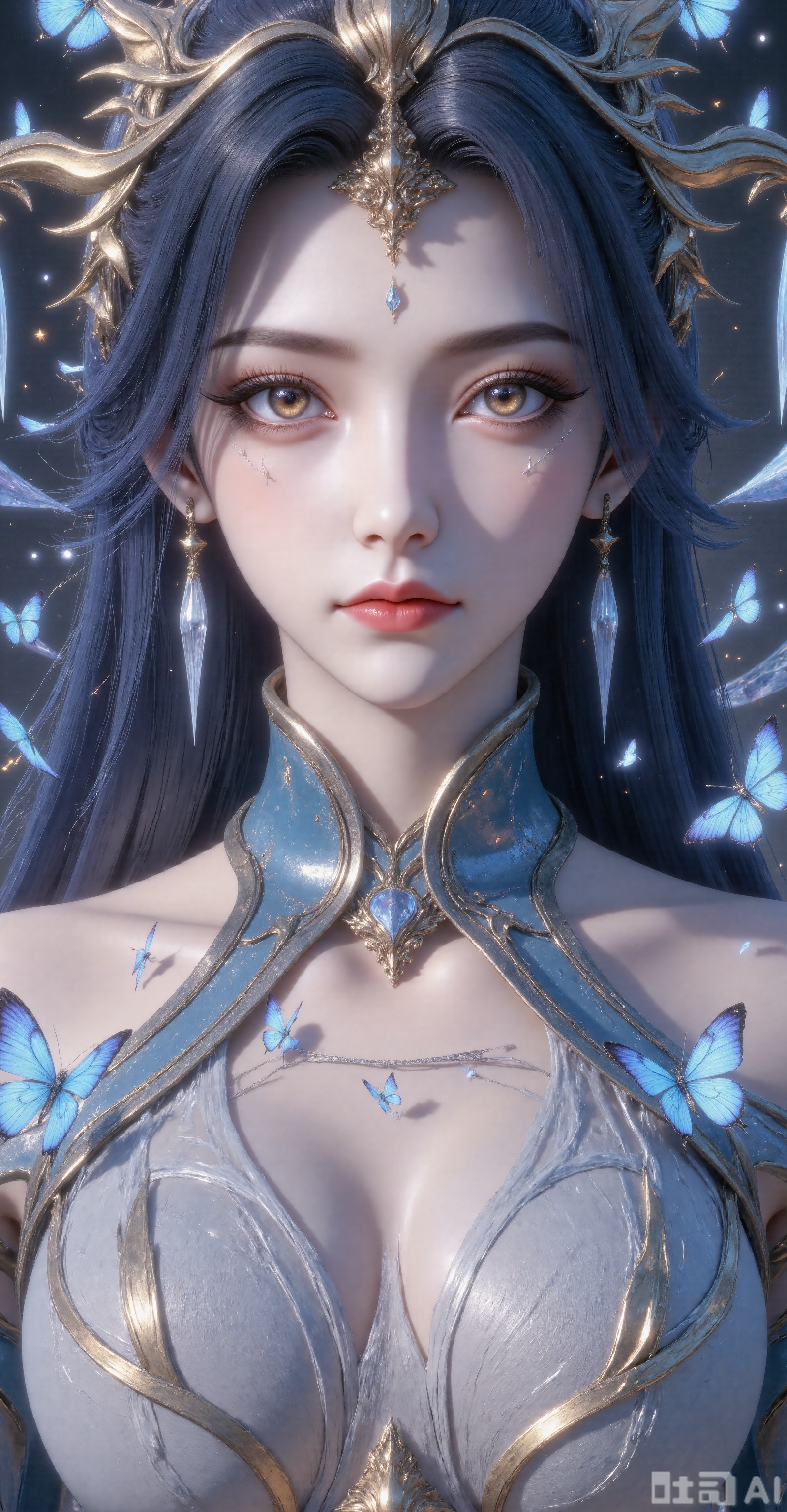 Character: Upper body close-up. Dark blue hair is flowing, delicate skin and delicate makeup. Looking at the camera, long eyelashes, natural pink lips. Special Effects Elements: A large number of blue butterflies surround the characters, some stopping on their cheeks and foreheads, and some flying between their hair. The butterfly's wings are flashing with a dreamy luster, and the exquisite starlight effect creates an extraordinary atmosphere; the expression facing the camera is very calm, with a hint of desire, giving people a feeling of immersed in beautiful fantasy. Front, skirt. Blue hair,