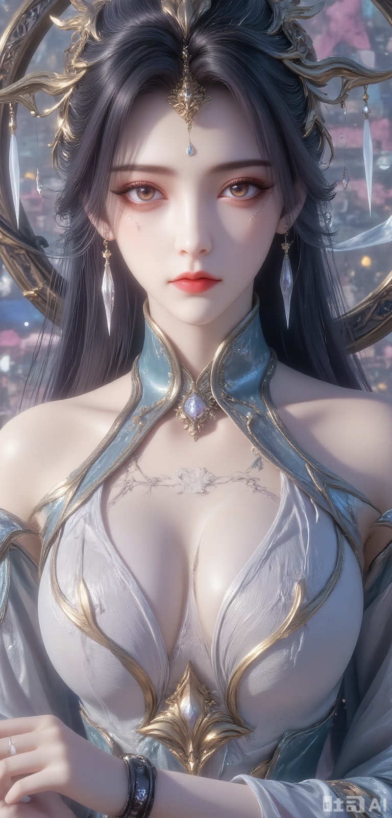 dadeng,1 girl,dadeng,solo,chest,big chest,black hair,dress,cleavage,jewelry,sitting posture,earrings,necklace,necklace hanging down into cleavage,hair bun,white dress,mole,black eyes,lips,ring,chest mole,realistic,