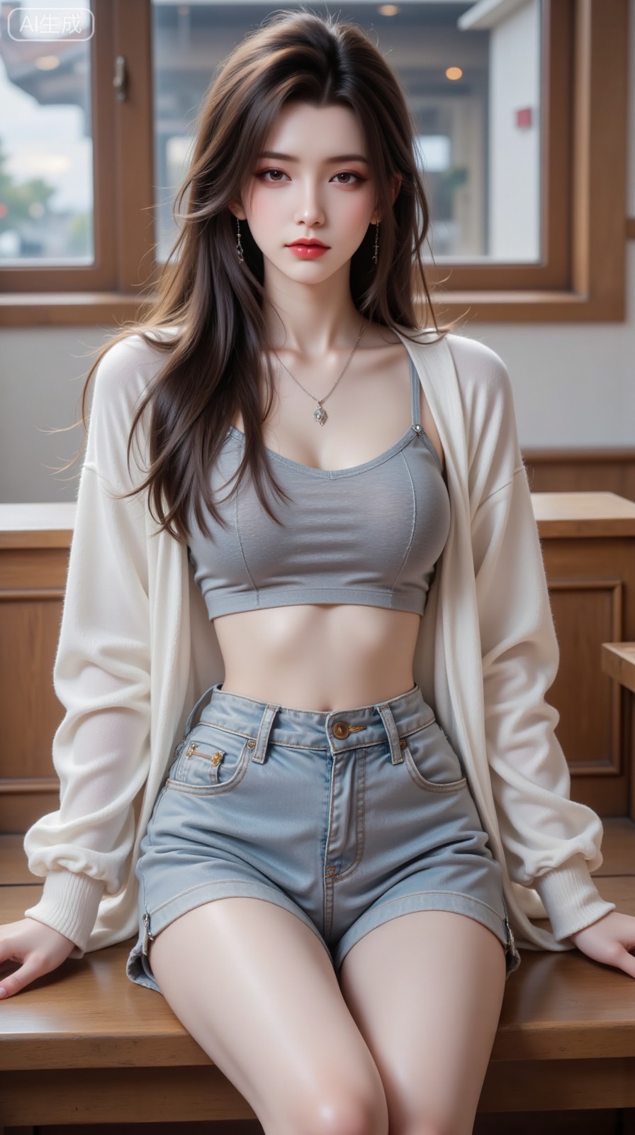 In the image, a woman is captured in a moment of casual elegance. She's comfortably seated on a wooden bench, her arms casually resting on it. Dressed in a chic ensemble, she sports a gray crop top paired with high-waisted shorts. A white cardigan drapes over her shoulders, adding a touch of sophistication to her look. Her hair is styled in loose waves, complementing the relaxed atmosphere of the scene. The setting appears to be an indoor space, characterized by a window and wooden elements, providing a rustic backdrop that contrasts with her modern style,Lqiqi