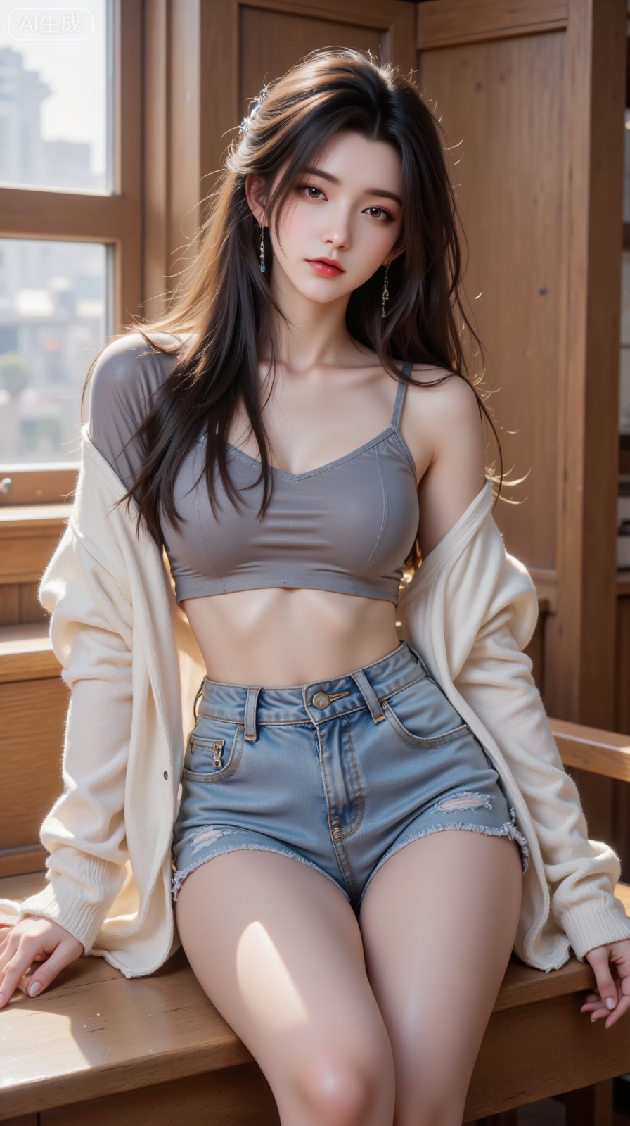 In the image, a woman is captured in a moment of casual elegance. She's comfortably seated on a wooden bench, her arms casually resting on it. Dressed in a chic ensemble, she sports a gray crop top paired with high-waisted shorts. A white cardigan drapes over her shoulders, adding a touch of sophistication to her look. Her hair is styled in loose waves, complementing the relaxed atmosphere of the scene. The setting appears to be an indoor space, characterized by a window and wooden elements, providing a rustic backdrop that contrasts with her modern style,Lqiqi