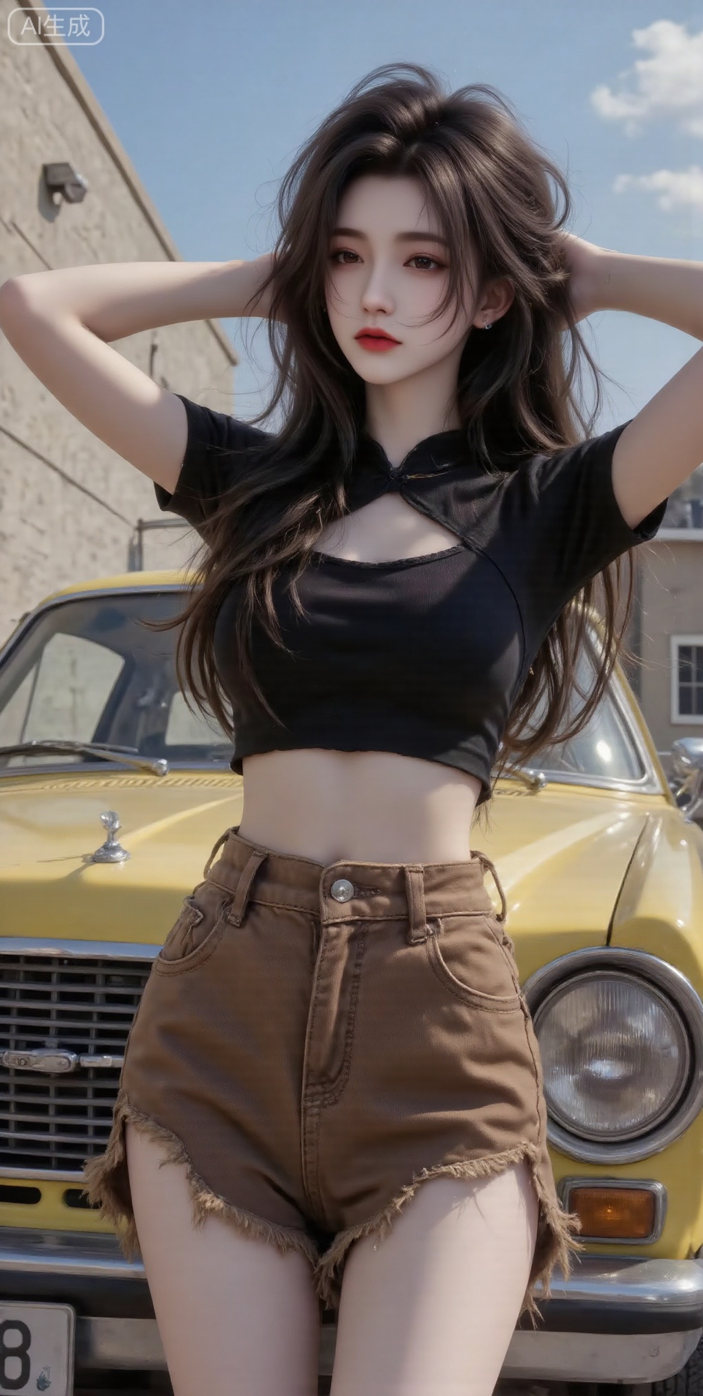 The image depicts a woman standing in front of a classic yellow car. She is wearing a black crop top with cut-out details and high-waisted brown shorts with frayed edges. Her long dark hair is styled in loose waves, and she has her hands behind her head, slightly tilting her head to the side. The background shows a clear blue sky with some clouds and a building with a textured facade. The car has a prominent grille and round headlights, giving it a vintage look. The overall setting appears to be outdoors, possibly in a sunny, urban environment,Lqiqi