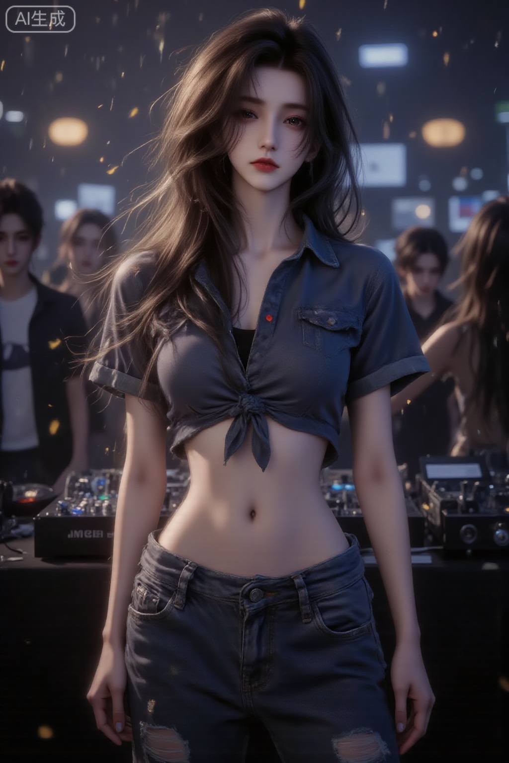 Nightclub girl,1girl, solo,short hair,black hair, navel, brown eyes, hair over one eye,midriff, pants,denim, jeans, realistic, nightclub, lights, dancing, crowd,electronic mixing console during rainfall,blue shirt,Lqiqi